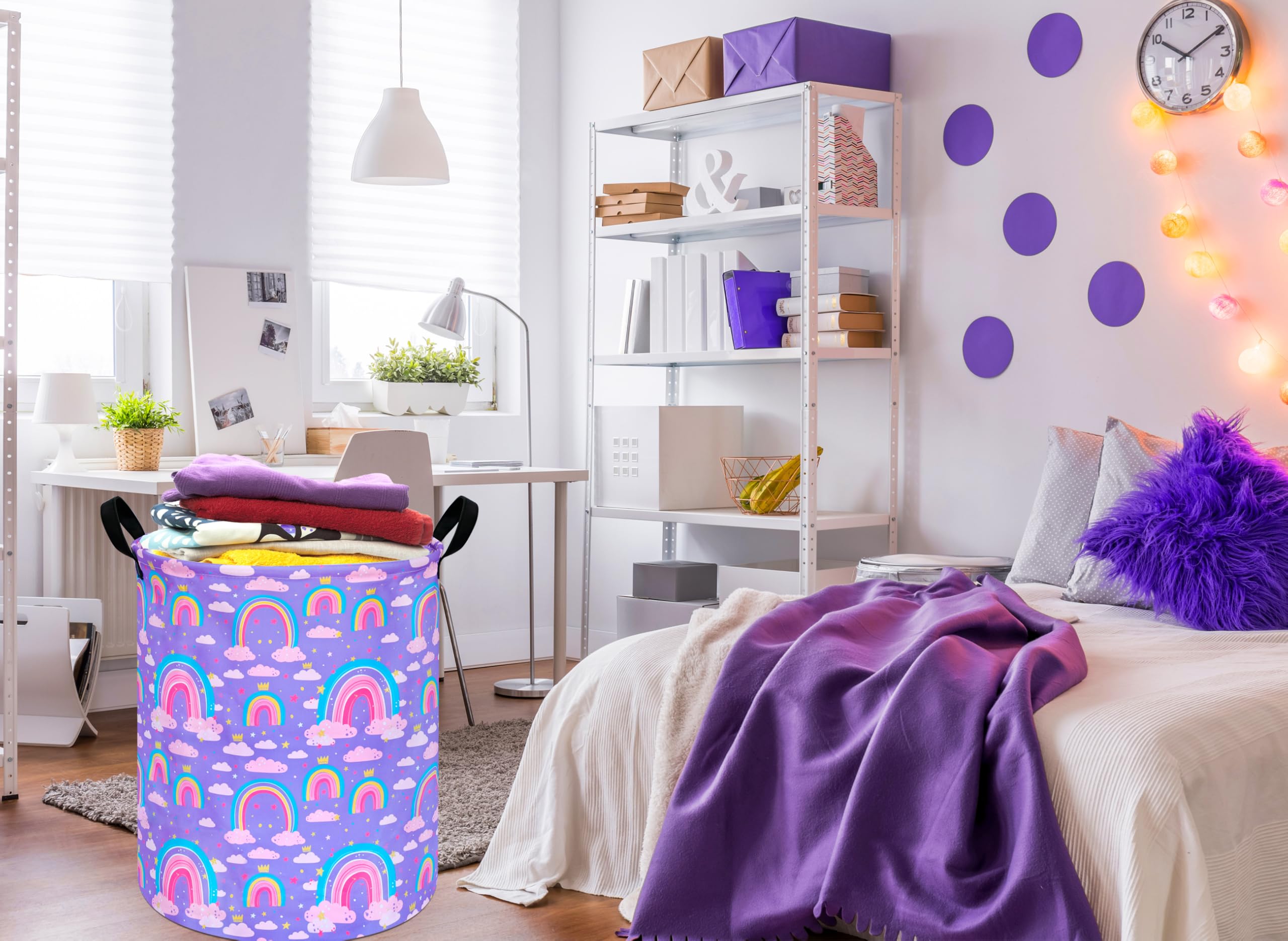 Acmuuni 19.7 Inch Purple Rainbow Round Kids Round Laundry Clothes Hamper Dino Laundry Basket With Handles,Baby Toys Storage Orga