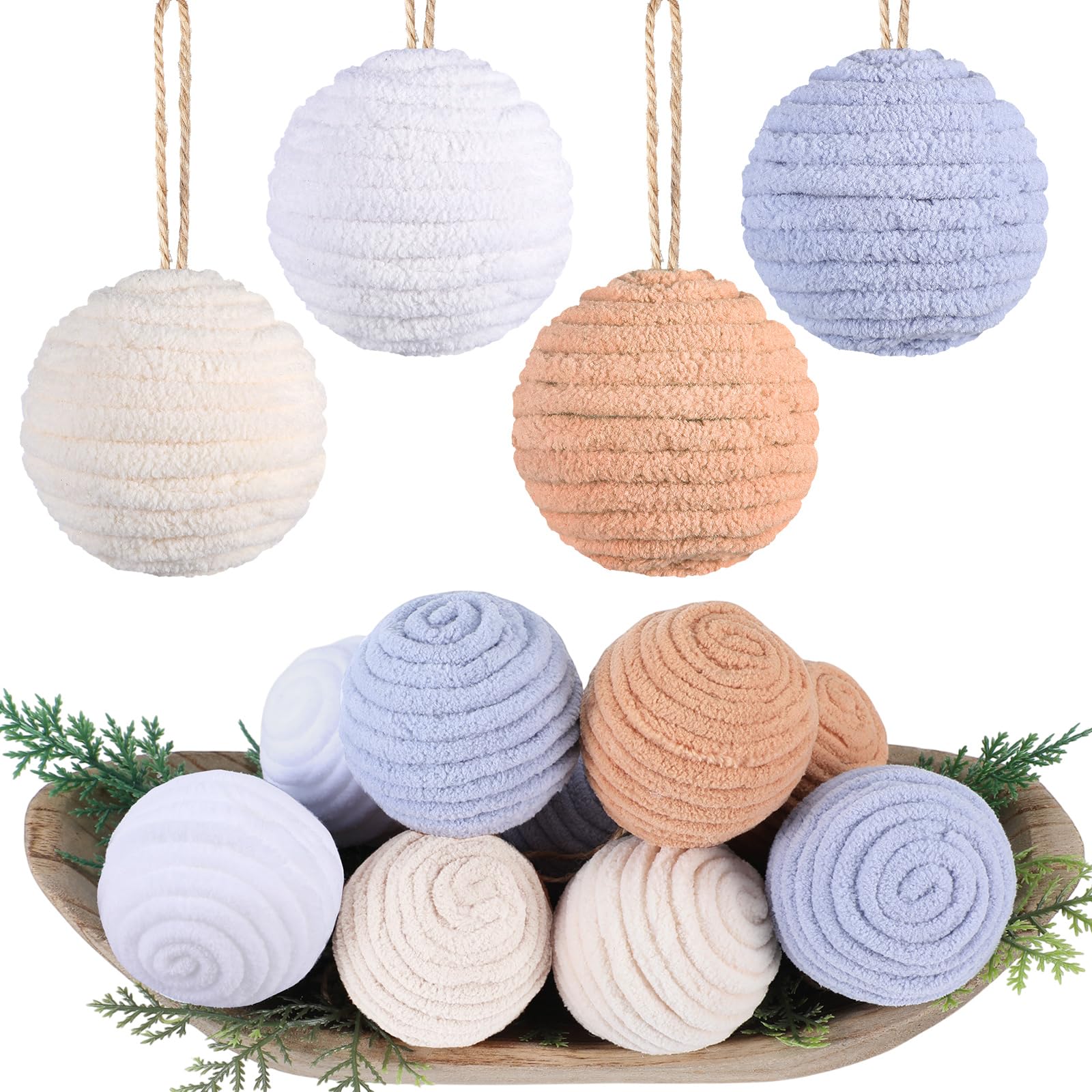 16 Pcs 2.36 Inches Boho Christmas Balls Ornaments Modern Farmhouse Jute Rope Hanging Balls Burlap Neutral Christmas Tree Ornamen