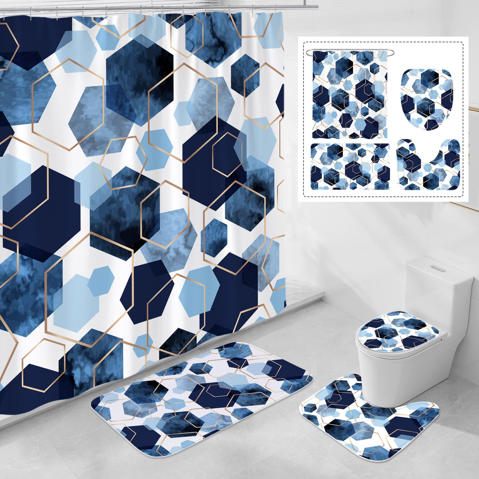 Litabel 4 Pcs Navy Blue Modern Geometric Shower Curtain Set With Non-Slip Rugs, Toilet Lid Cover And Bath Mat, Abstract Bathroom