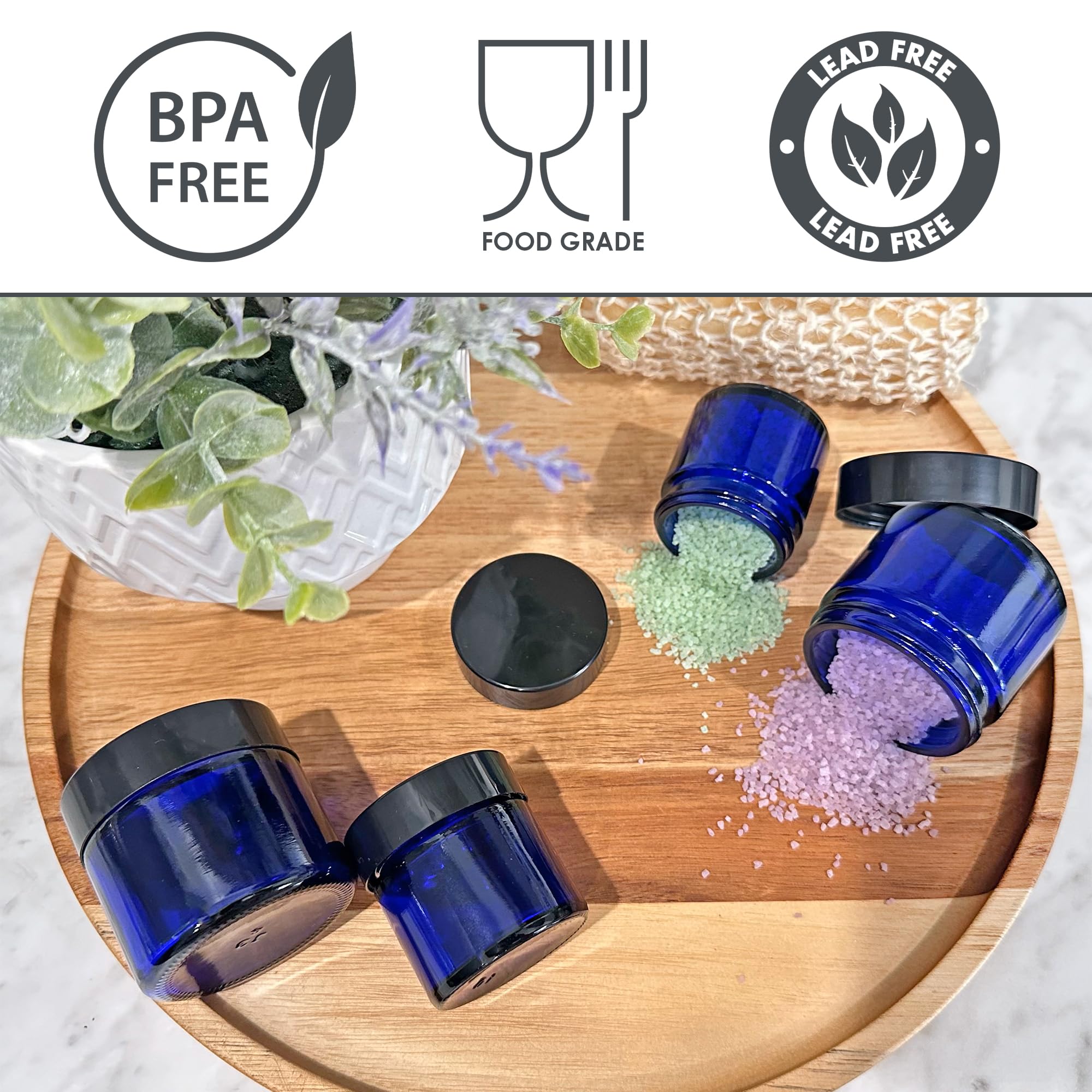 Combination 12 Pack of Cobalt Blue 1oz & 2oz Glass Straight Sided Jars  Lids Included; Empty Refillable Containers for Cosmetics  Creams  Lotions