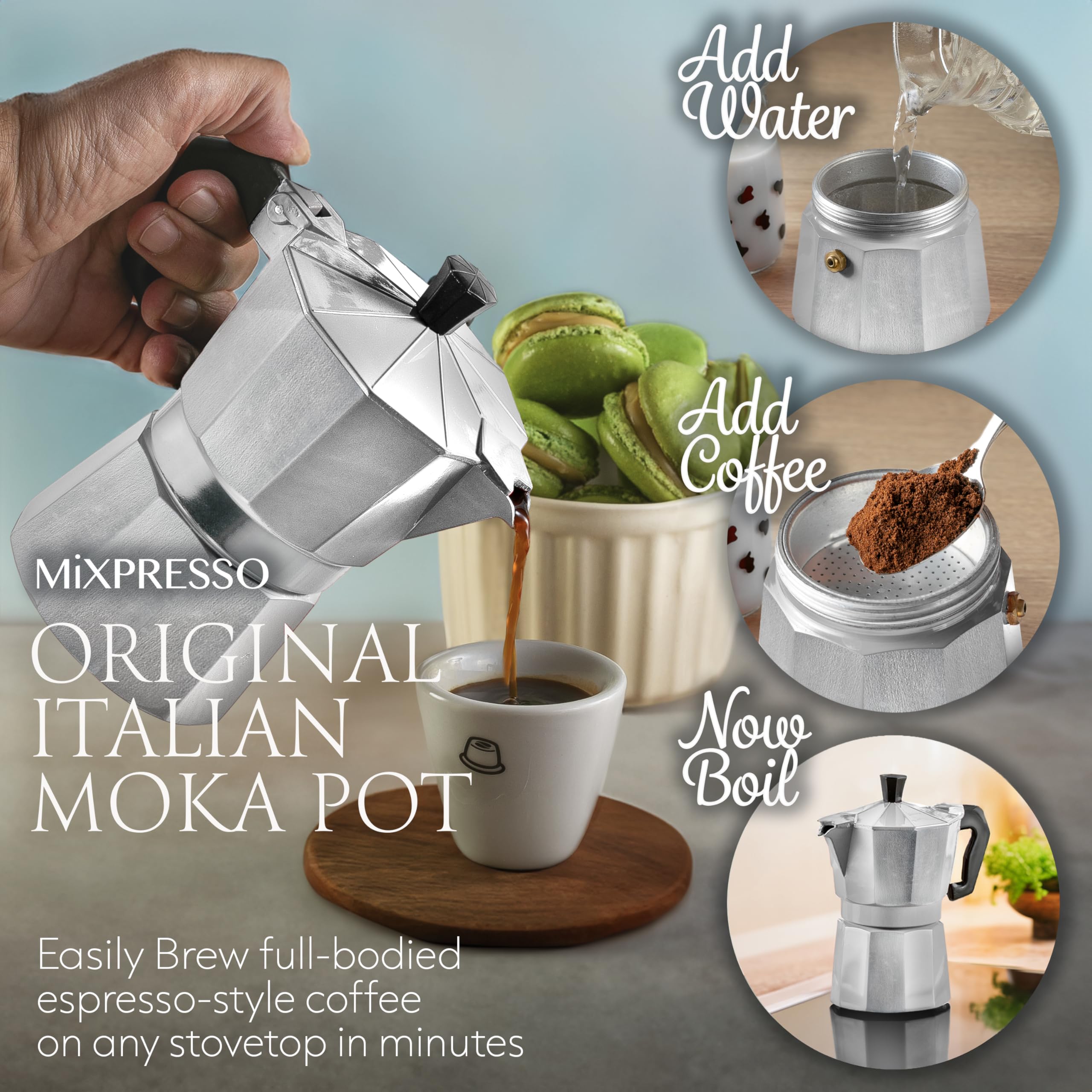 Mixpresso 3 Cup Moka Pot Espresso Cuban Coffee Maker, Moka Pot Coffee Maker For Gas, Electric Stove Top, Classic Italian Coffee