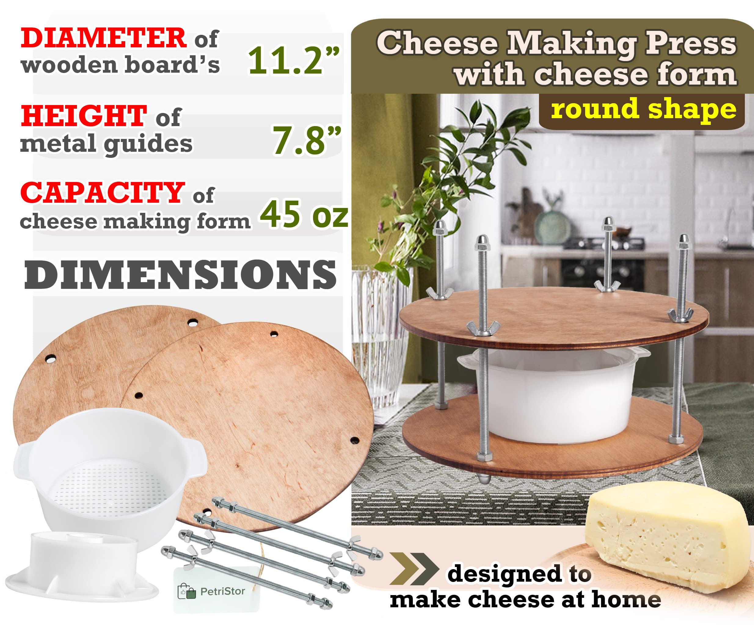 Wooden Cheese Press For Cheese Making Supplies Diameter 11 In Metal Guides Walnut And Cheese Mold With Follower Piston 1.3 Qt -