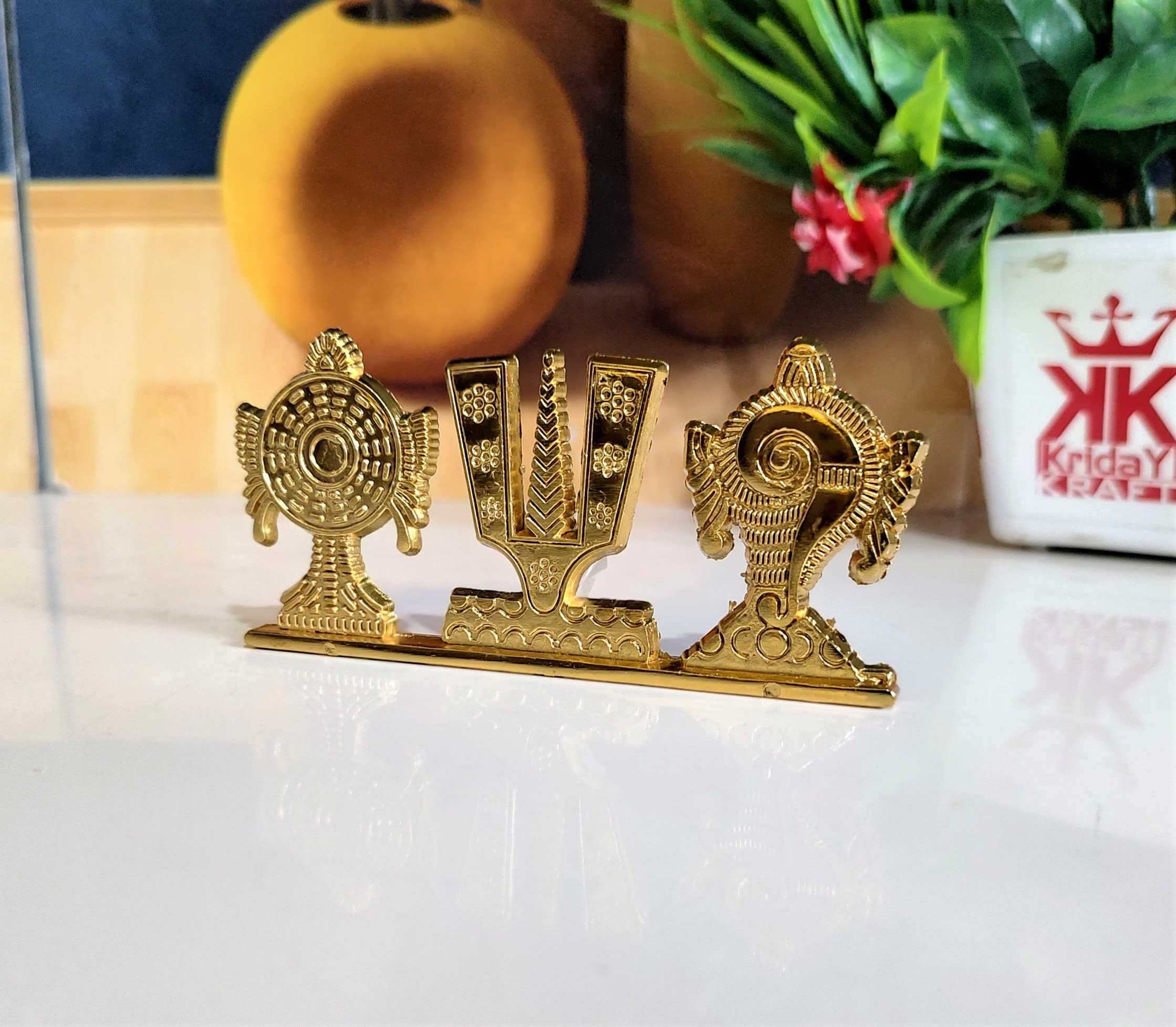 Kridaykraft Tirupati Balaji Symbol Stand Shankh Chakra Namah Gold Plating Antique Decorative For Car Dashboard Home & Office Tab