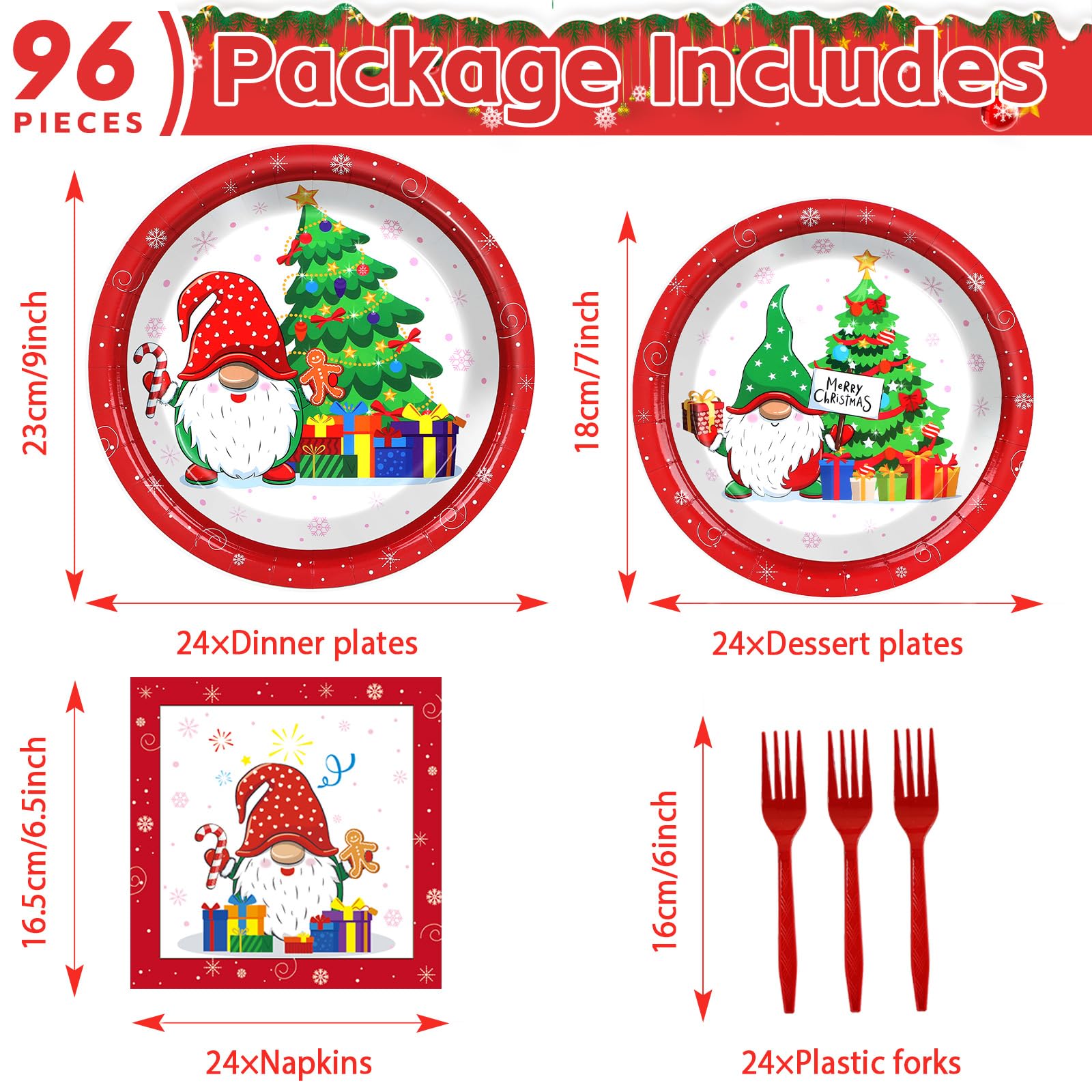 Gisgfim 96 Pcs Christmas Party Supplies Paper Plates Napkins Merry Christmas Tree Gnome Party Disposable Tableware Set Decoratio