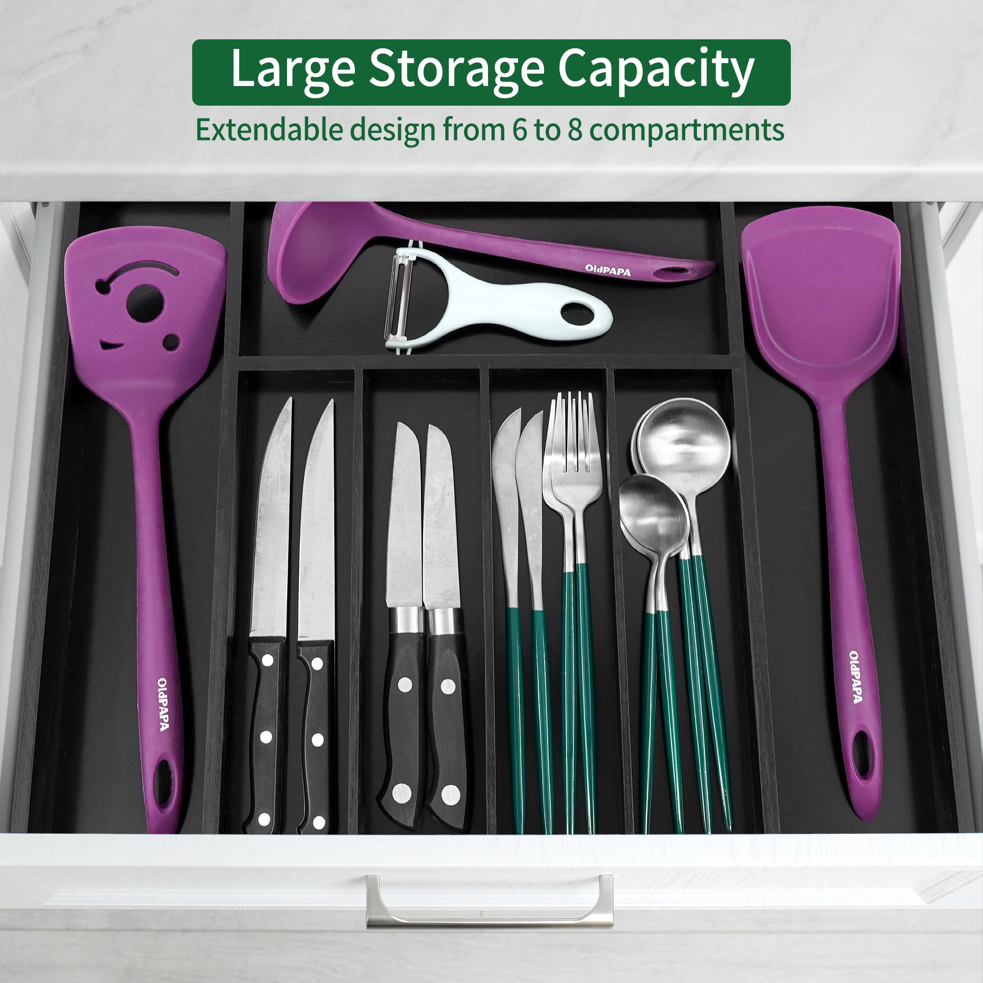 Utoplike Bamboo Silverware Drawer Organizer  Expandable Kitchen Utensils Drawer Organiser  Cutlery Tray Dividers  Flatware Caddy Drawer Insert  Office Supplies  Black 5-7 Slot