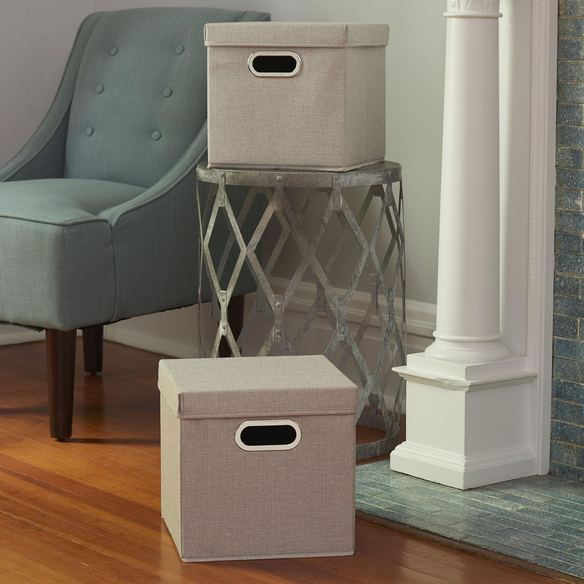 Household Essentials 804-1 Caf   Cube Bin Storage Set With Lids And Handles | 2 Pack, Grey Linen