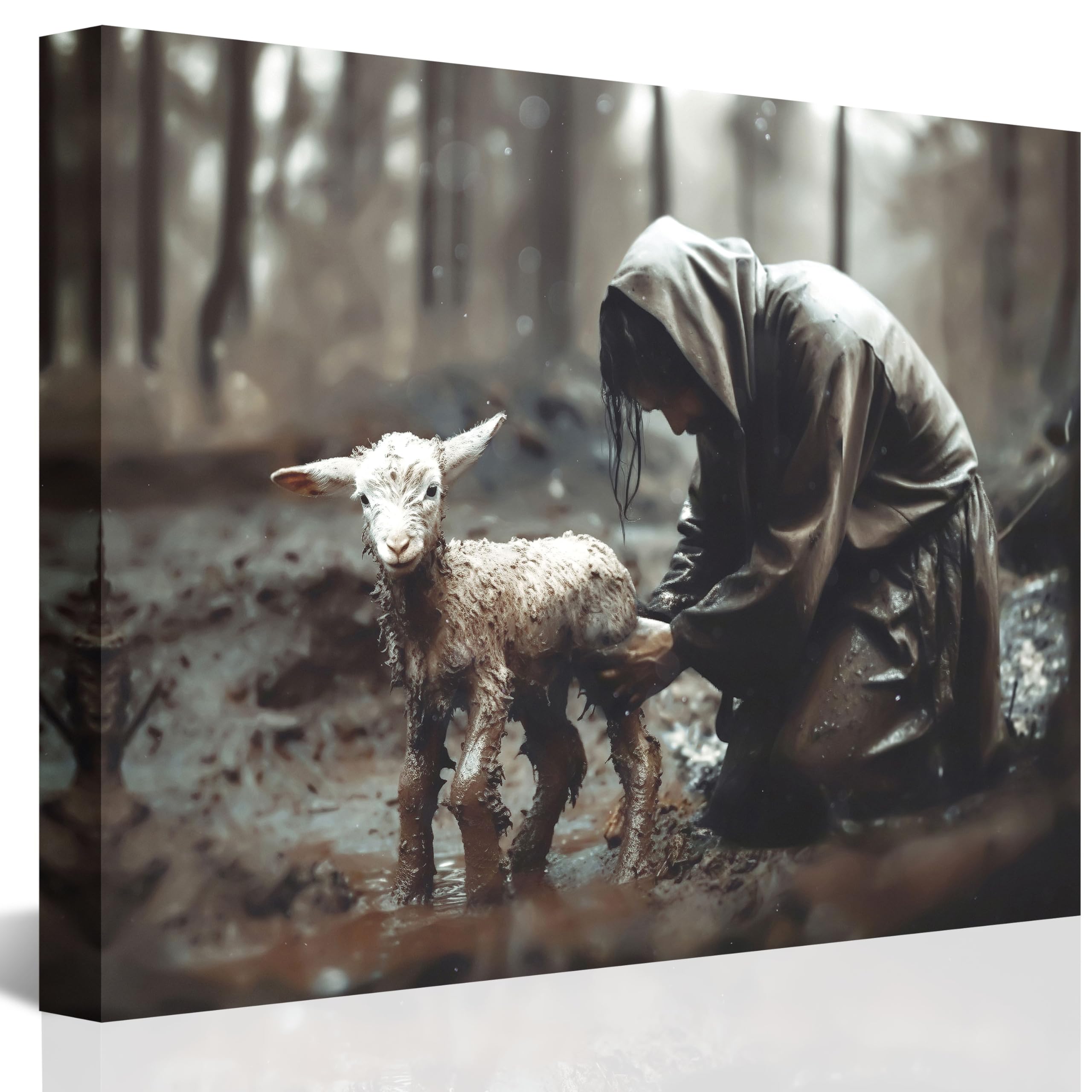 Jesus And Lamb Canvas Wall Art Jesus Rescues Lost Lamb Picture Wall Art Canvas Print Christian Home Decor 24X30 Inch