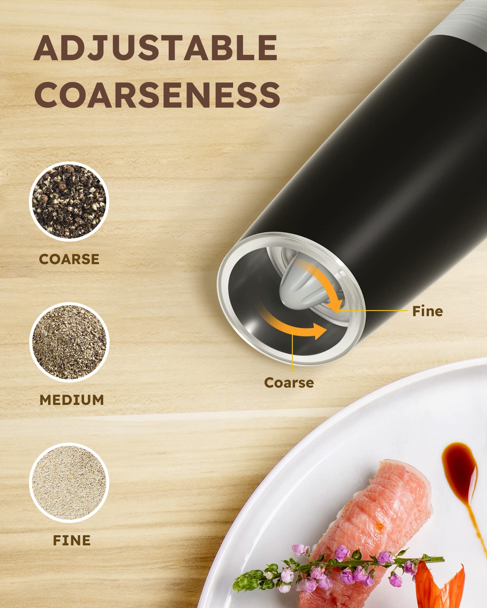 Sangcon Gravity Electric Salt And Pepper Grinder Set Automatic Shakers Mill Grinder With Led Light, Battery Powered Adjustable C