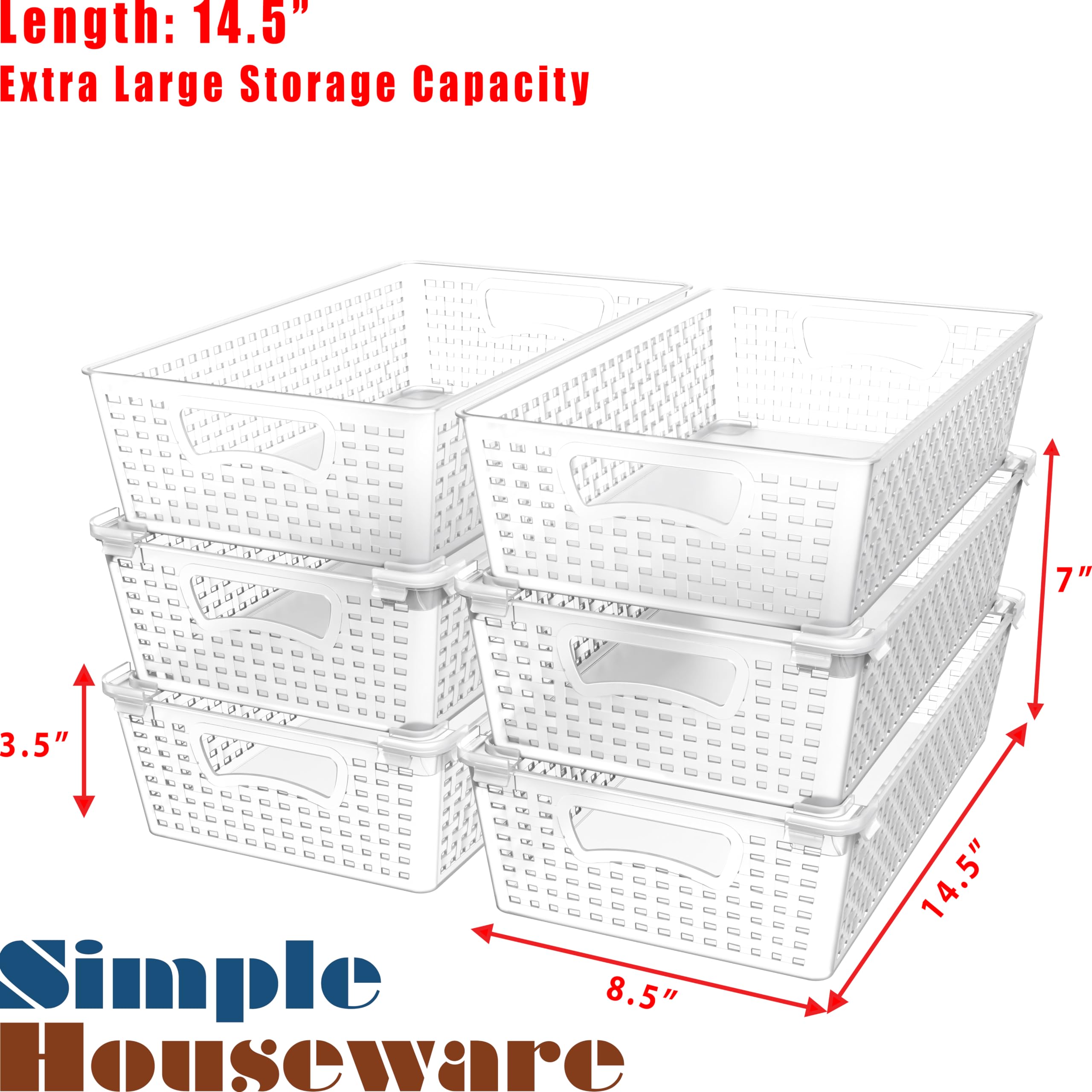 Simple Houseware Stackable Plastic Woven Basket Organizer, 6 Pack, 14.5'' X 8.5'' X 3.5'', Clear