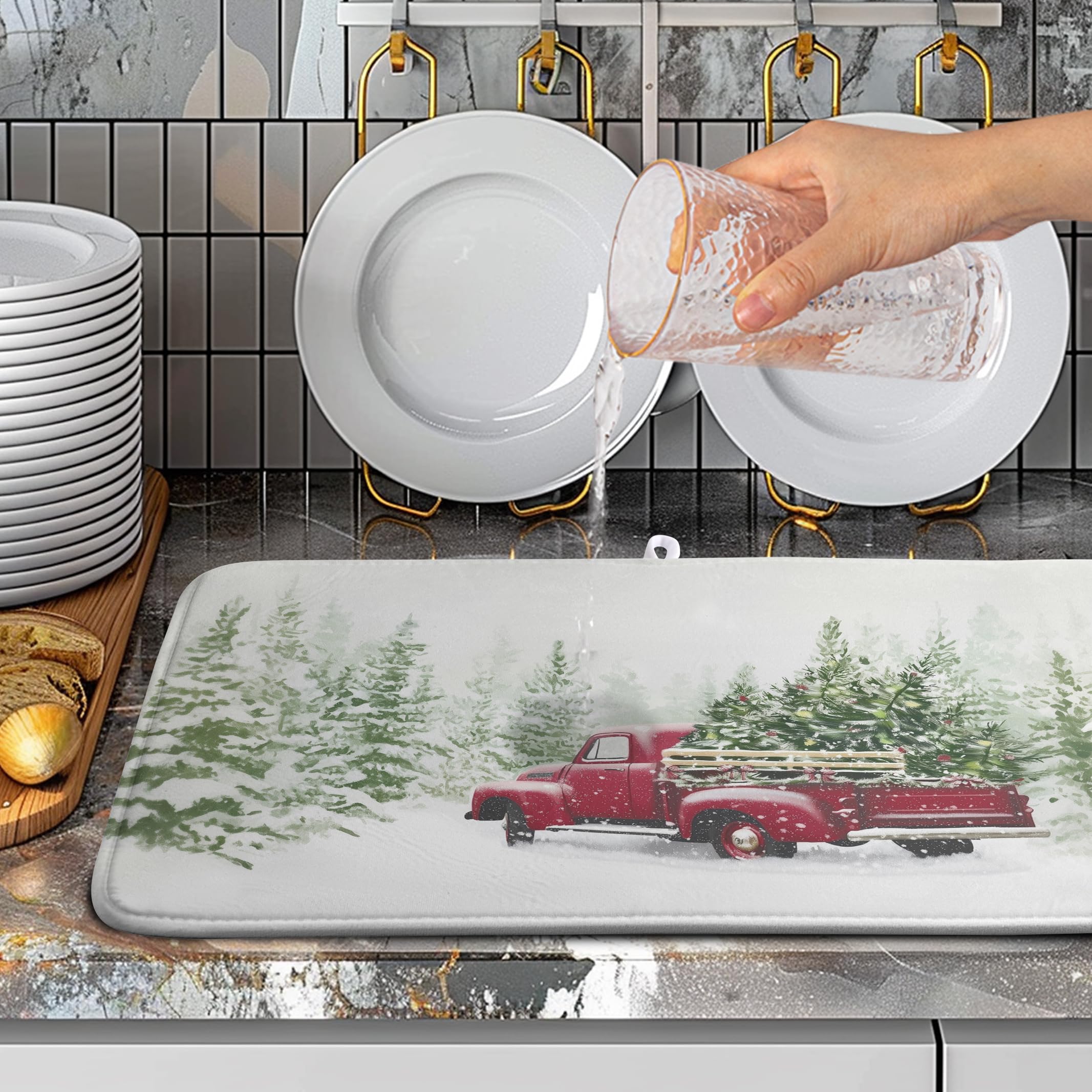 Wnoesat Christmas Dish Drying Mat Red Truck Xmas Tree Drying Mats for Kitchen Counter Winter Holiday Dishes Drainer Mats Absorbe