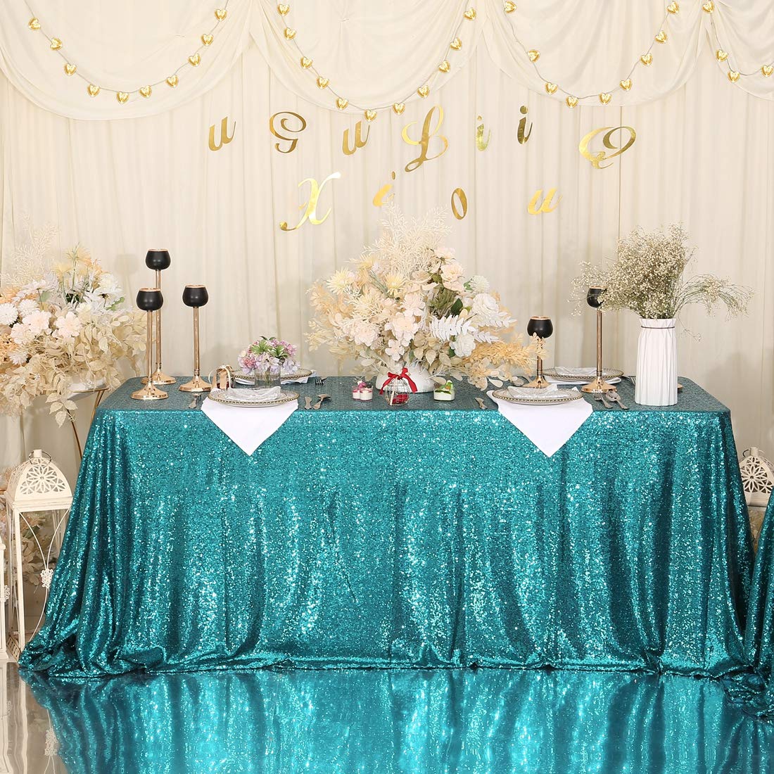 Eternal Beauty 60 X 102-Inch Sequin Tablecloth Wedding Banquet Party Christmas Table Cover, Teal