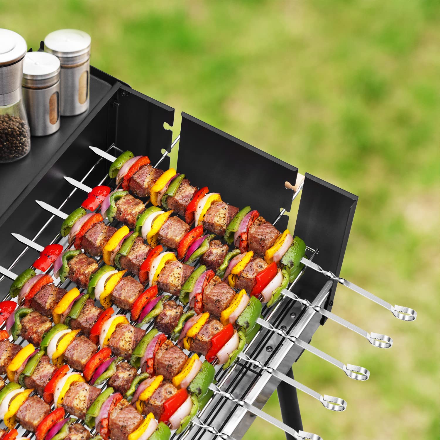 Kabob Skewers 14'' Stainless Steel Long BBQ Barbecue Skewers  Flat Metal Kebob Sticks Wide Reusable Grilling Skewers for Meat Chicken  Set of 12pcs with Storage Bag by JY COOKMENT