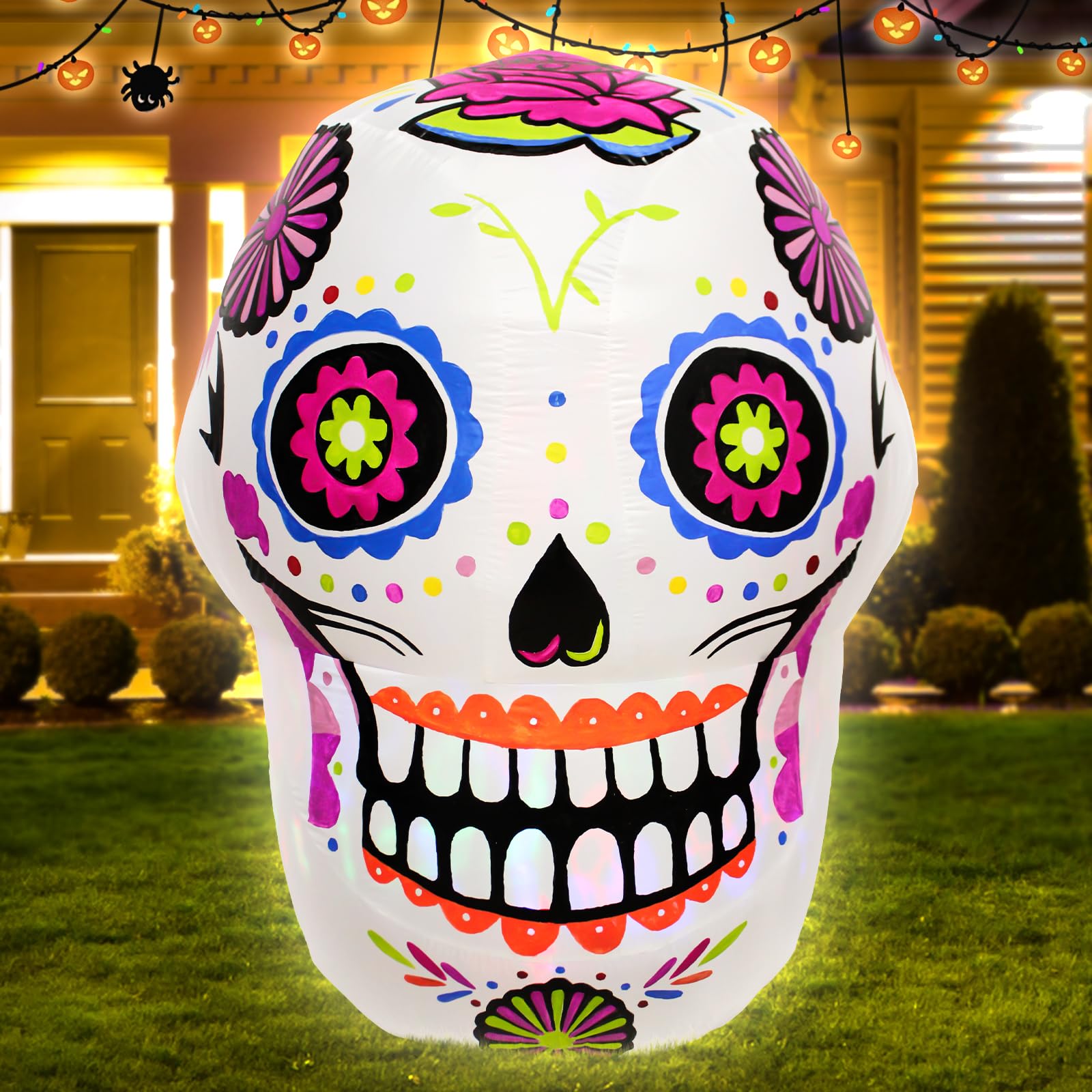 VIKIMORA 4ft Halloween Inflatable Sugar Skulls Outdoor Decoration for Yard Blow up Red Eye Skull Lights Day of The Dead Inflatab