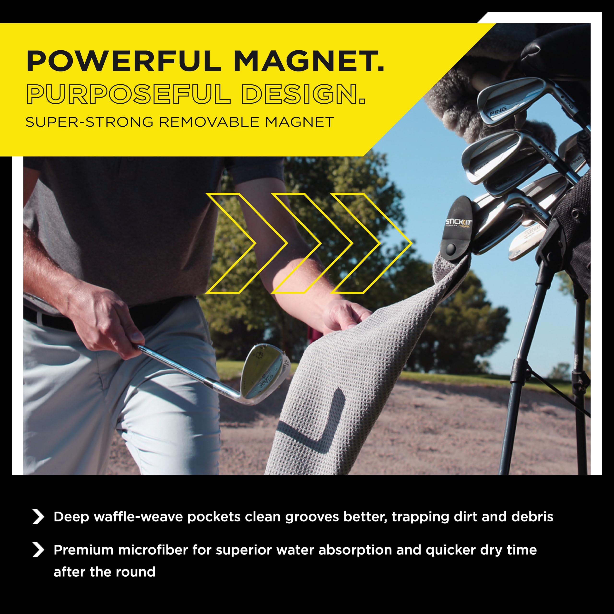 STICKIT Magnetic Towel  Gray  Top-Tier Microfiber Golf Towel with Deep Waffle Pockets  Industrial Strength Magnet for Strong Hold to Golf Carts or Clubs