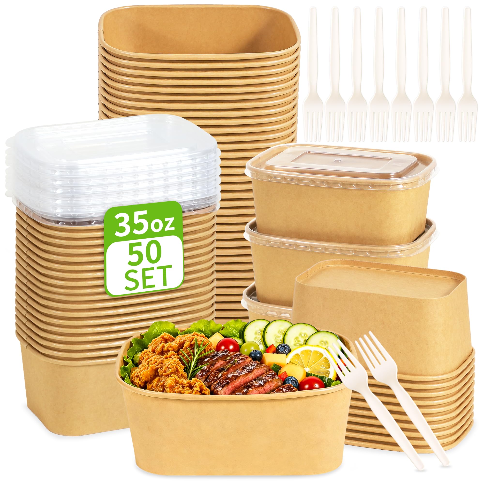 50 Pack 35oz Meal Prep Containers with Lids and Forks for Lunch Takeout