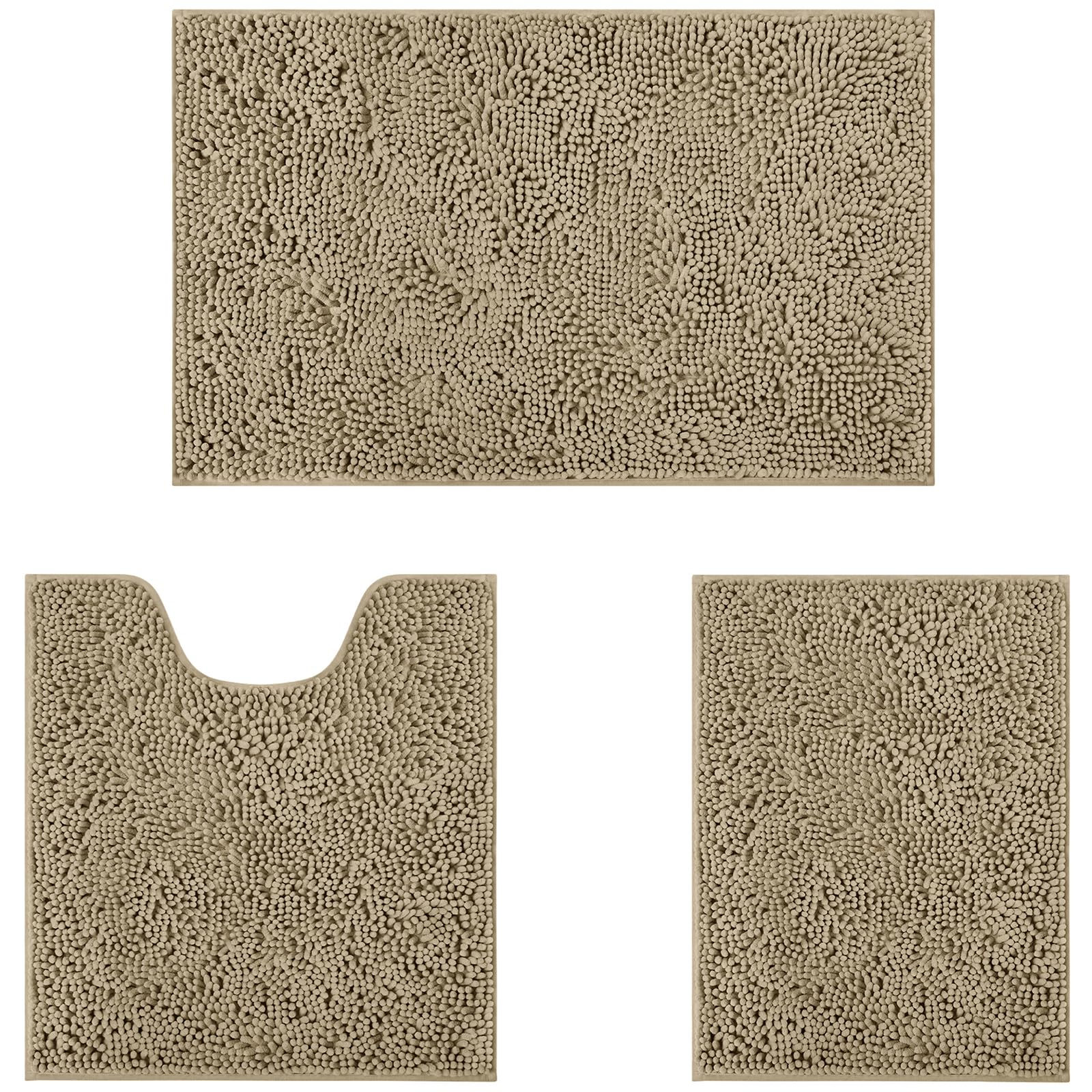 Homeideas 3 Pieces Bathroom Rugs, Ultra Soft Non Slip Absorbent Chenille Toilet Bath Mat Set (Taupe)
