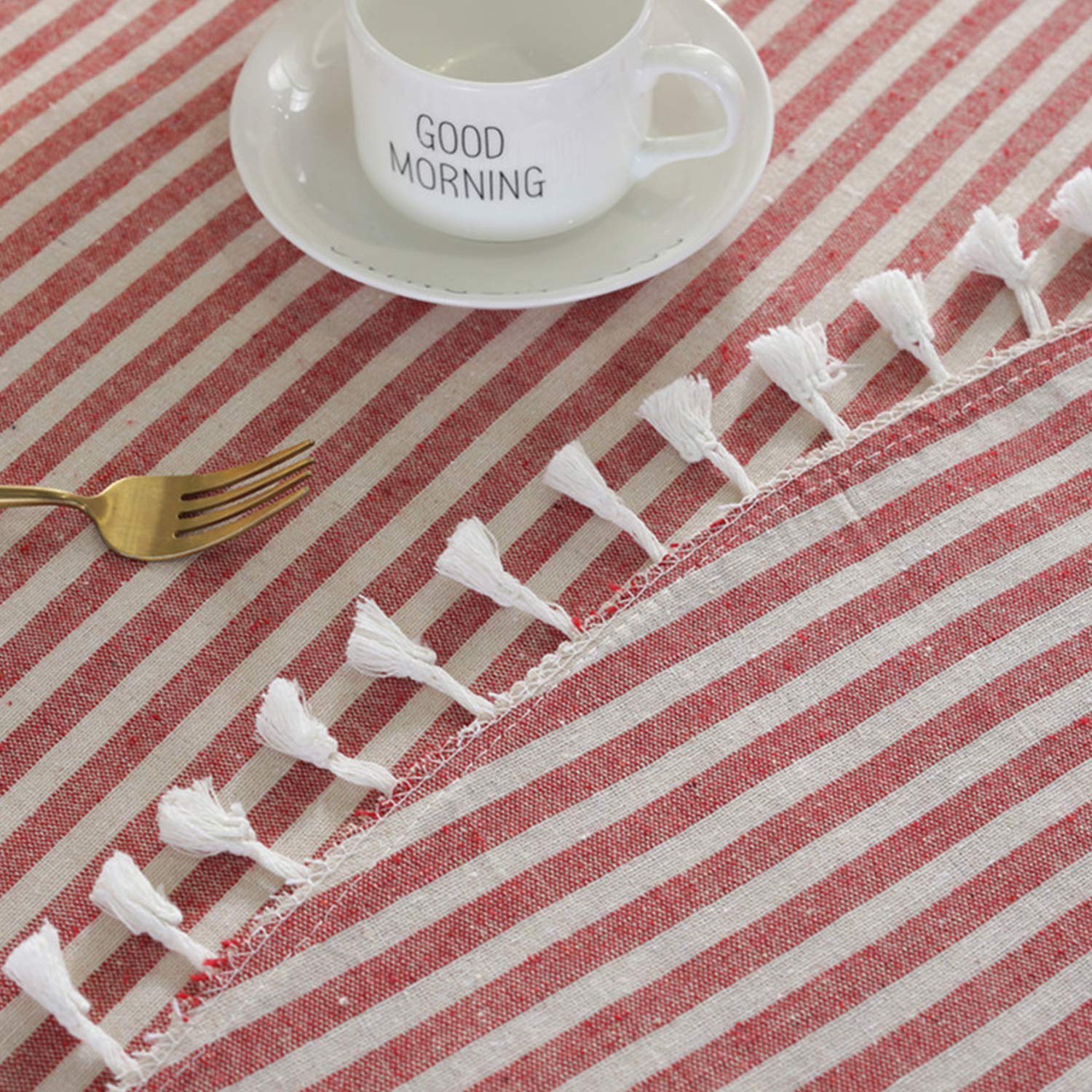 meioro Round Tablecloth Stripe Tassel Table Cloth Cotton Linen Dust-Proof Table Cover for Dining Circle Coffee Side End Card Table  Parties Holiday Indoor Outdoor Use (Red/White Stripes  59 Inch)