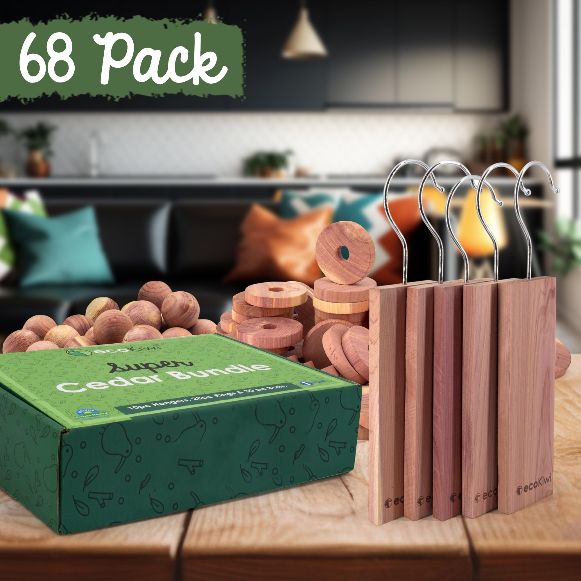 Ecokiwi Cedar Blocks For Clothes Storage Super Bundle Box - Cedar Hangers X10, Balls X30 & Rings X28-100% Natural Oil Planks & C