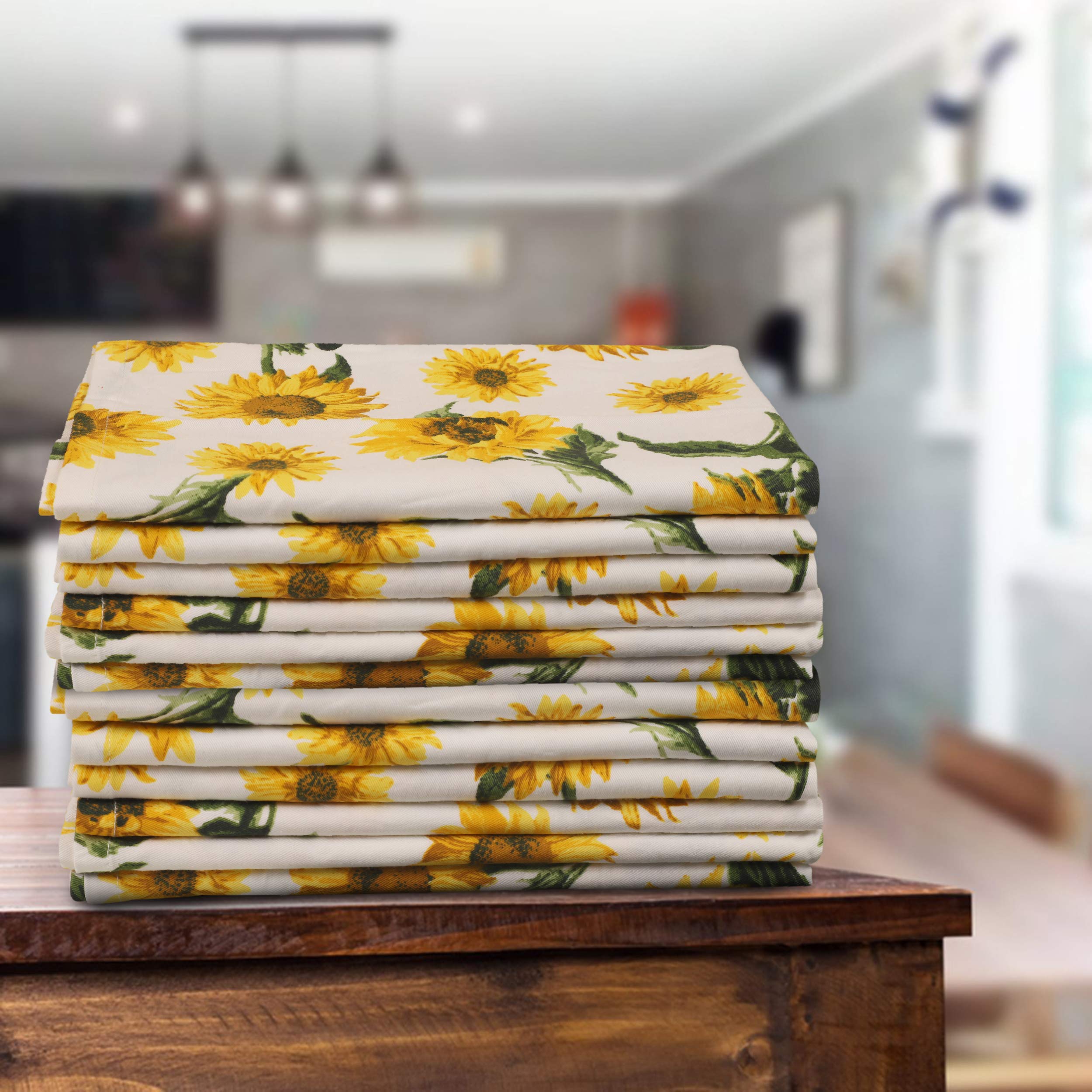 Urban Villa Dinner Napkins Sunflower Print Cloth Napkins (Set Of 12) Oversized 20X20 Inches 100% Cotton Premium Quality Soft Dur