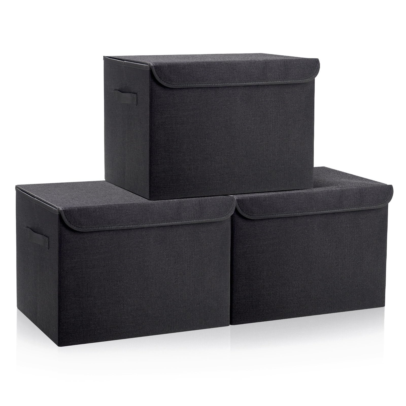Large 17'' 42 Quarts Collapsible Stackable Storage Bins With Lids [3-Pack] Foldable Fabric Linen Storage Boxes Cube, Closet Orga