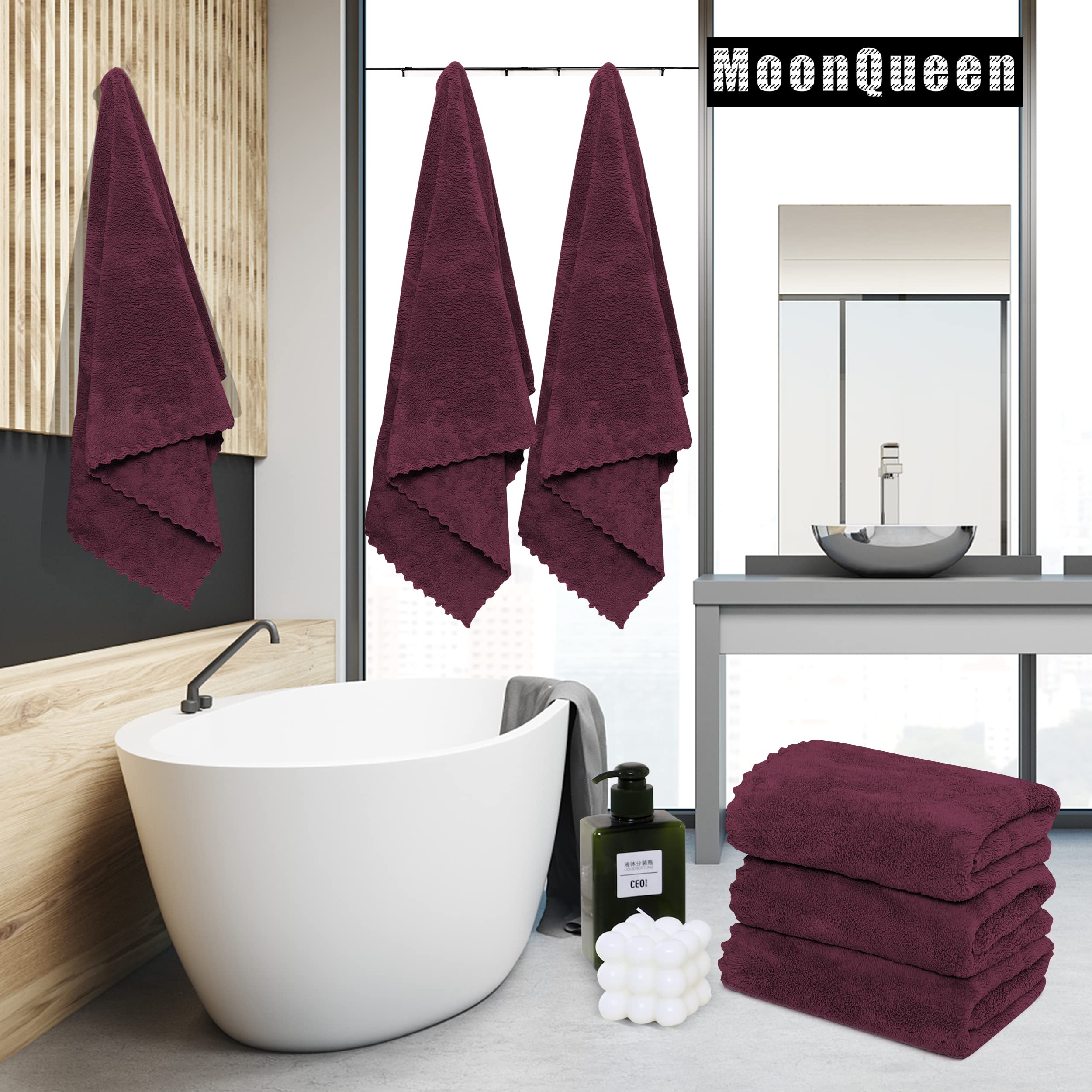 MOONQUEEN 2 Pack Premium Bath Towel Set - Quick Drying - Microfiber Coral Velvet Highly Absorbent Towels - Multipurpose Use as Bath Fitness  Bathroom  Shower  Sports  Yoga Towel (Burgundy)