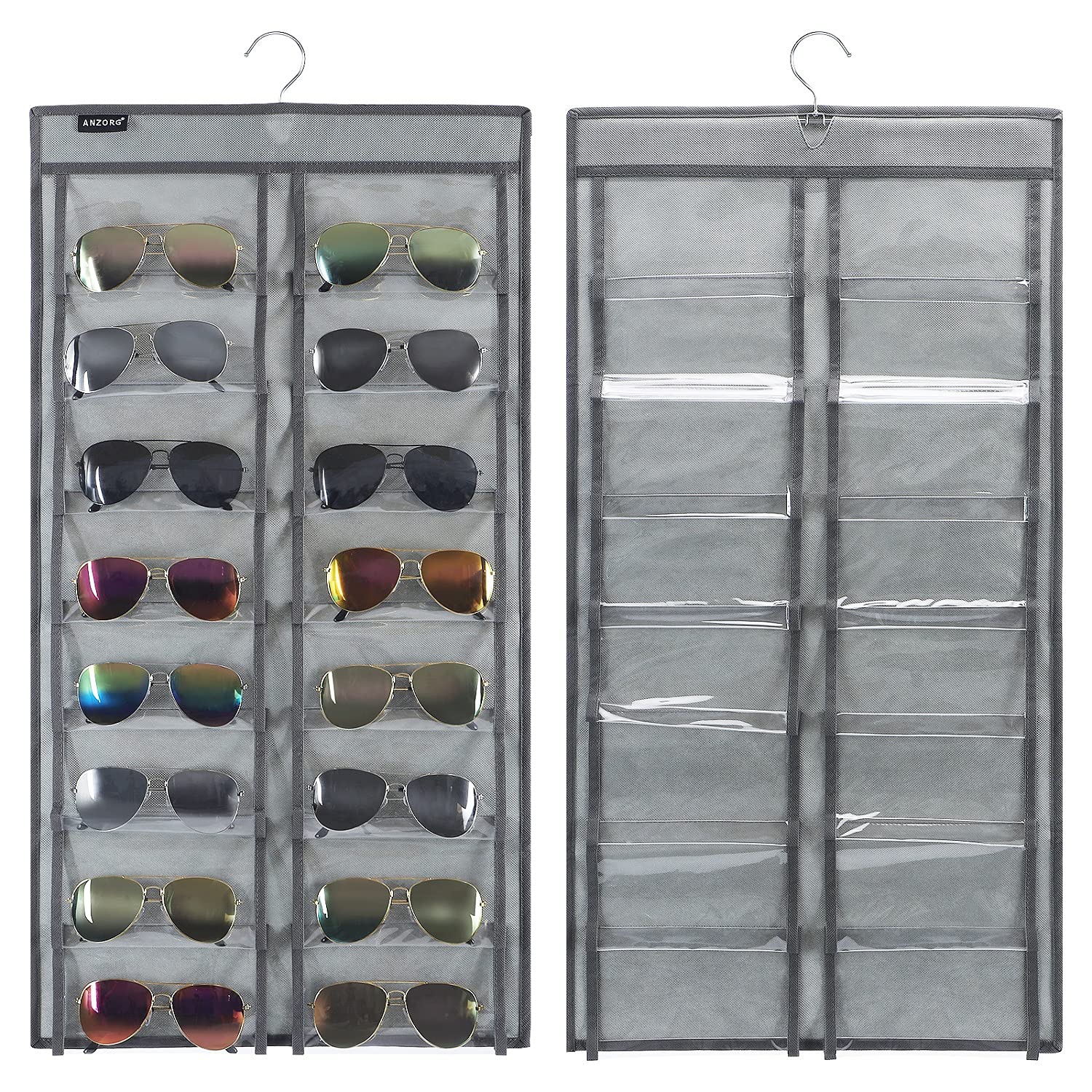 Anzorg Over The Door Hanging Sunglasses Organizer Storage Sunglass Rack Holder Eyewear Display Case With 16 Clear Dust Proof Poc