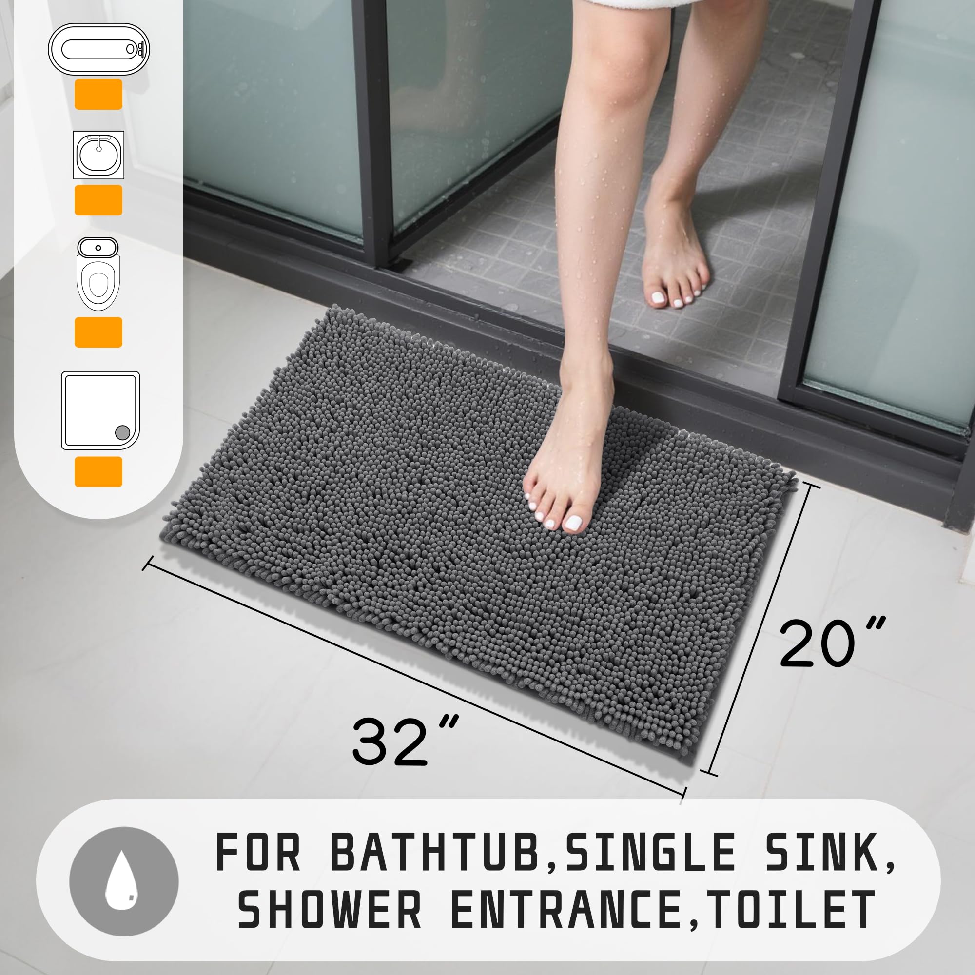 Yimobra Chenille Bathroom Rug 32x20Inch Extra Soft Shaggy Bath Rugs  Non-Slip Bathroom Floor Mat  Water Absorbent  Thick Durable  Machine Washable  Plush Microfiber Rugs for Shower Bathtubs Dark Gray