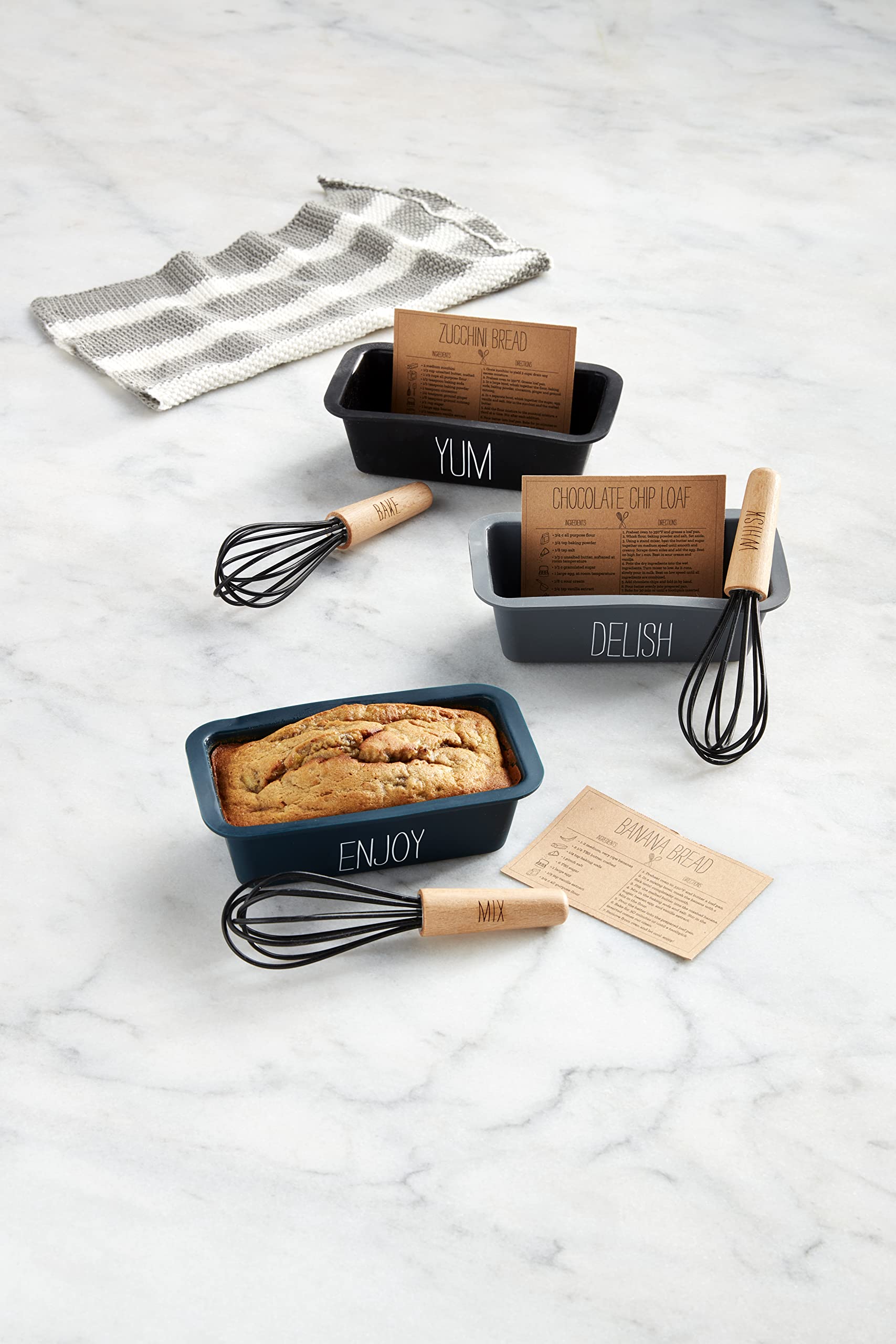 Mud Pie Delish Silicone Mini Loaf Set, Pan 2'' X 6'' | Whisk 5 1/2'' | Card 2 3/4'' X 4''