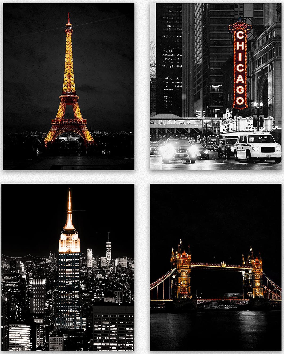 Famous City Art - Us Skyline Photos, City Aesthetic Bedroom Posters, Travel Gifts Set 4 City Skyline Of Eiffel Tower, Chicago, E