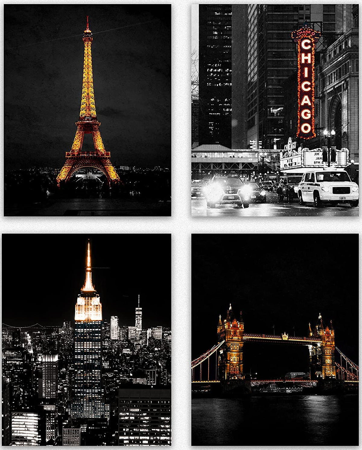 Famous City Art - Us Skyline Photos, City Aesthetic Bedroom Posters, Travel Gifts Set 4 City Skyline Of Eiffel Tower, Chicago, E