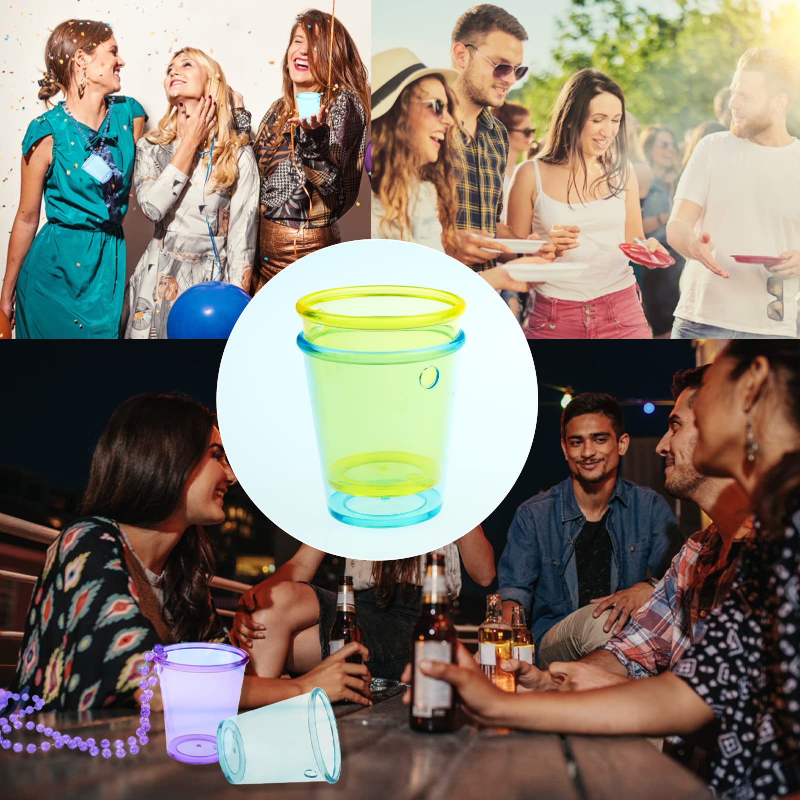 Inheming 8 Pieces Christmas Shot Glass On Beaded Necklace, Plastic Colorful Clear Shot Cup Necklace, Bachelorette Party Team Gro