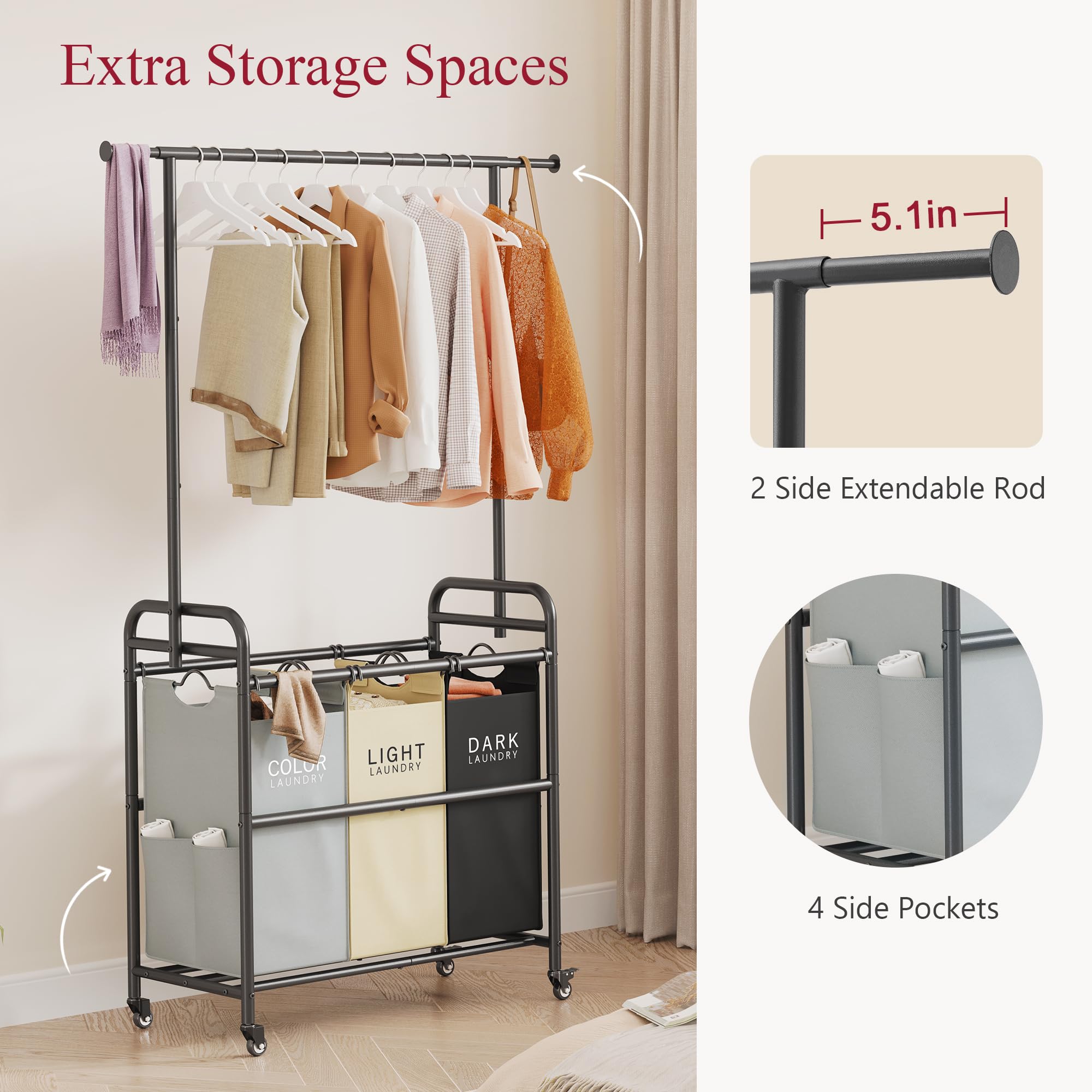 Tajsoon Laundry Sorter Cart With Hanging Rack, Laundry Sorter 3 Section, Laundry Hamper With Heavy Duty Rolling Lockable Wheels,
