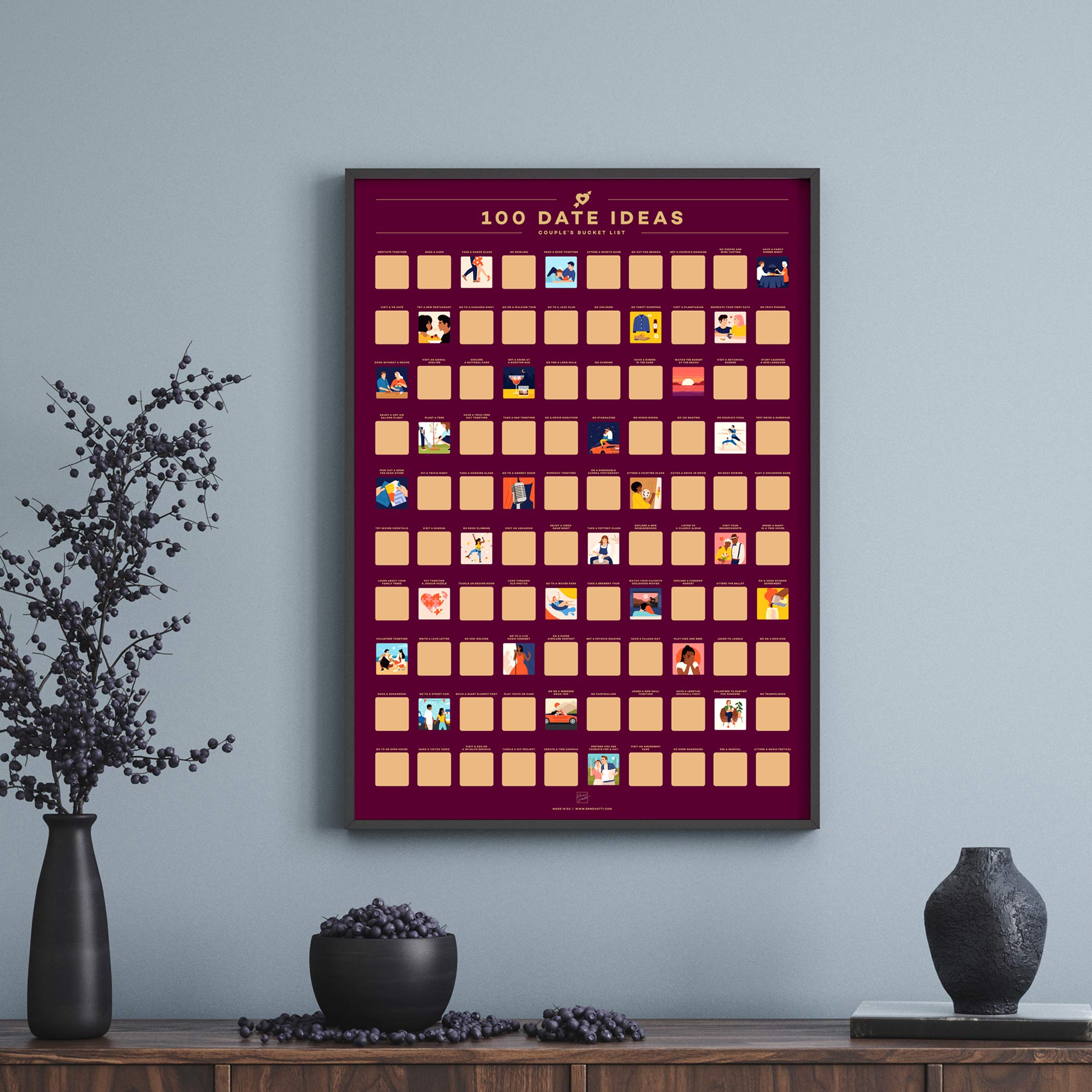 Enno Vatti 100 Dates Scratch Off Poster - Perfect Couple Gift with Fun Date Ideas - 6.5'' x 23.4'' - Lovely Engagement or Valentines Day Gift for Him or Her - Scratch and Discover New Possibilities