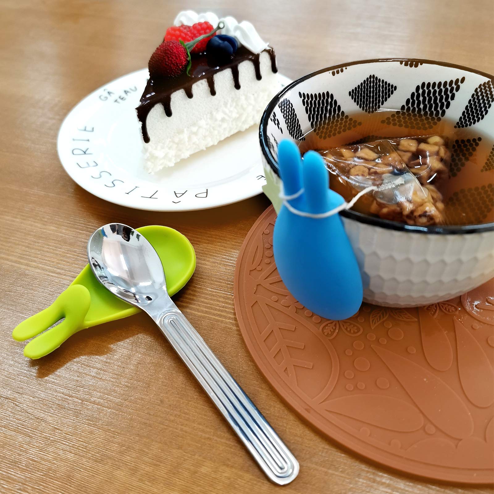 Snail Garden 2Pcs Stainless Steel Tea Bag Tongs, Round Tea Bag Squeezer With 2Pcs Bunny Silicone Tea Bag Holders & Rests- 6Inch