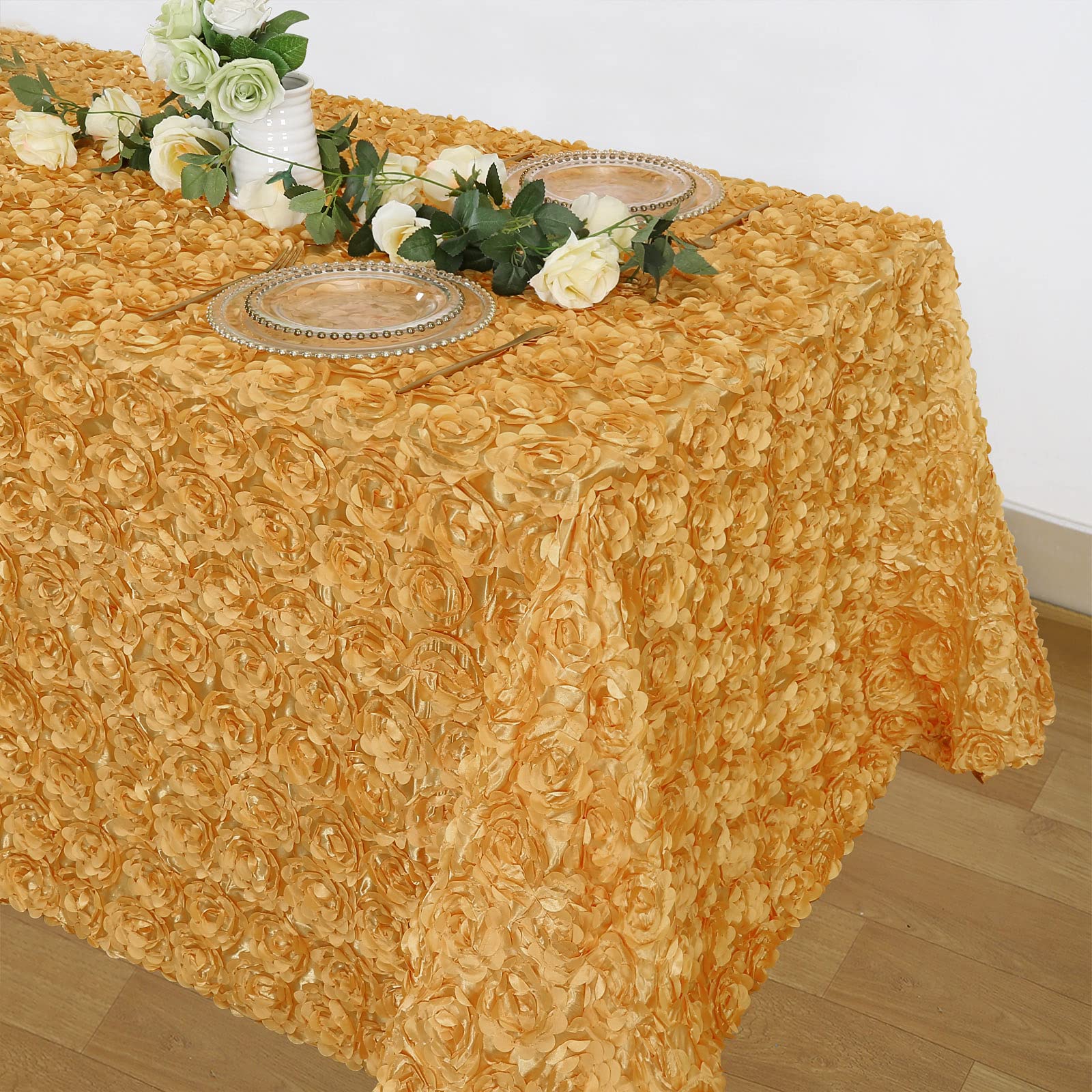 Fanqisi Rosette Tablecloth 50X102 Inches Gold Rectangle 3D Floral Satin Raised Tablecloth For Birthday Baby Shower Wedding Party