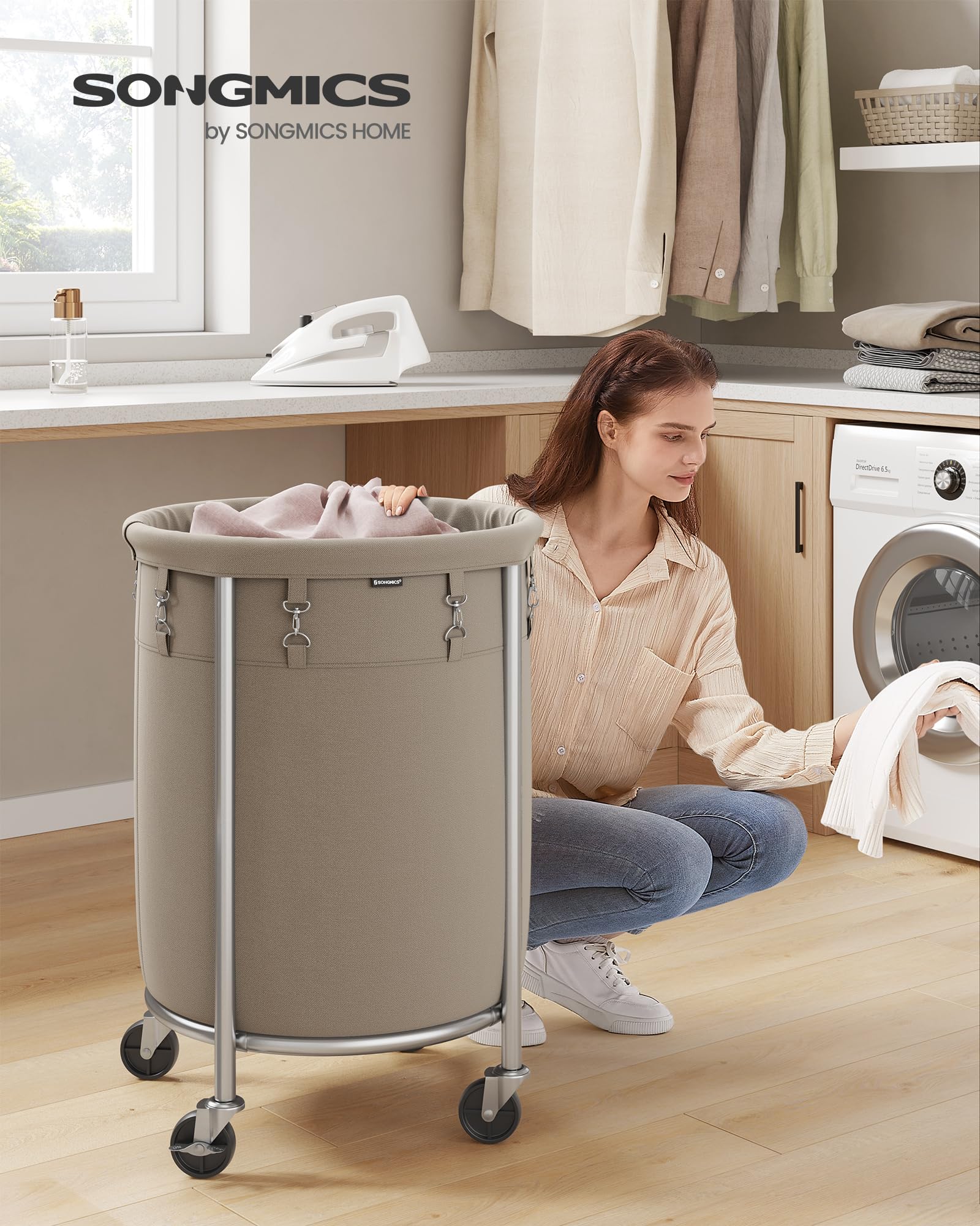 Songmics 50.2-Gallon (190 L) Laundry Basket With Wheels, Rolling Round Heavy-Duty Laundry Hamper Cart With Steel Frame And Remov
