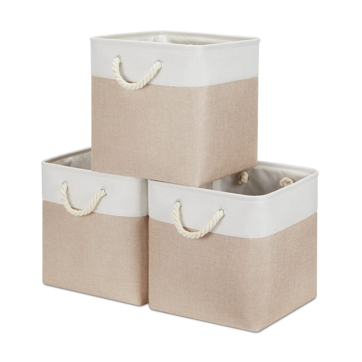 Bidtakay Fabric Storage Baskets For Organizing Beige 13 Inch Collapsible Square Baskets 3 Pack Organization Bins Large Cube Stor