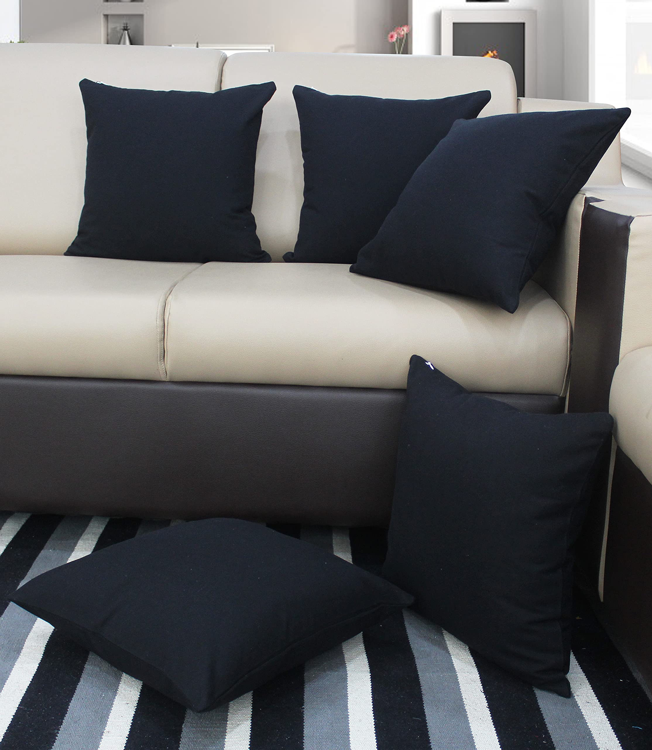 Airwill Cotton Plain Black Themed Cushion Covers For Cushions & Pillows (Black, Pack Of 5)