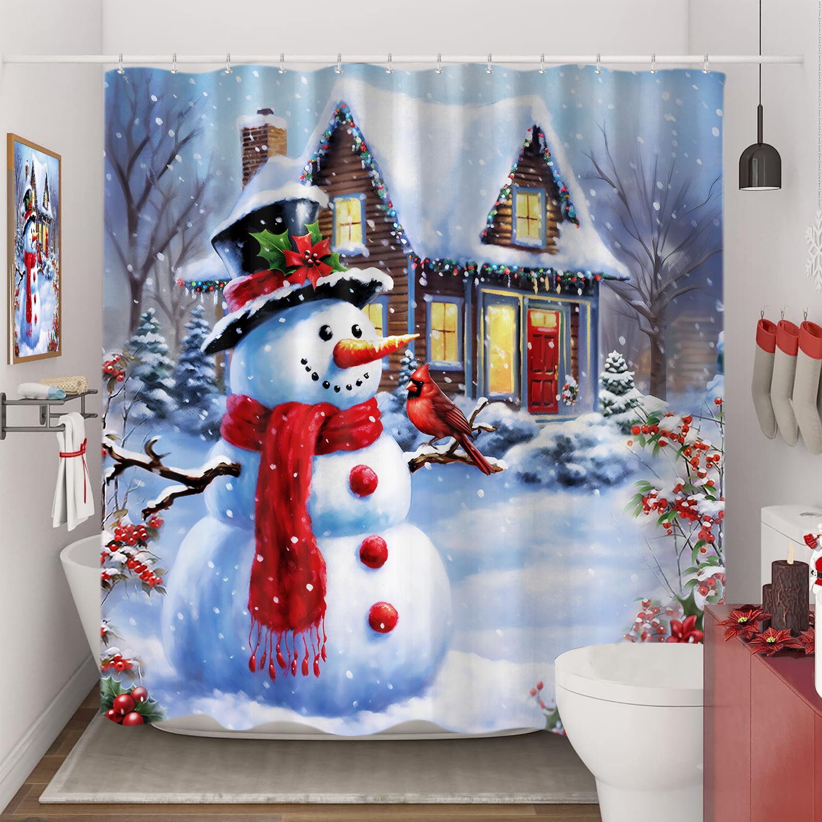 Sanzugh Christmas Snowman Shower Curtain, Winter Cardinal Snow Farmhouse Fabric Shower Curtains Set For Bathroom Decoration With