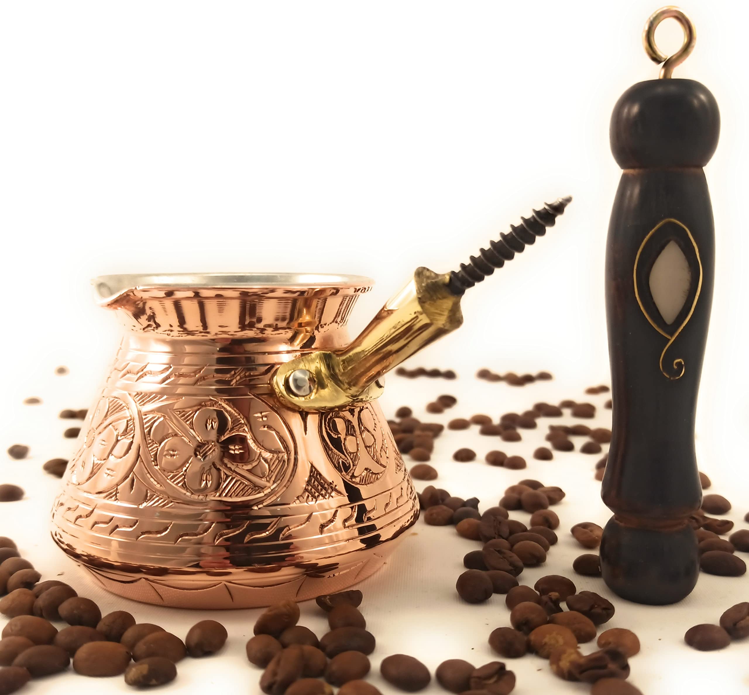 Aci Series (Medium-13 Fl Oz) - Thickest Solid Engraved Copper Turkish Greek Arabic Coffee Pot With Wooden Handle, Stovetop Coffe