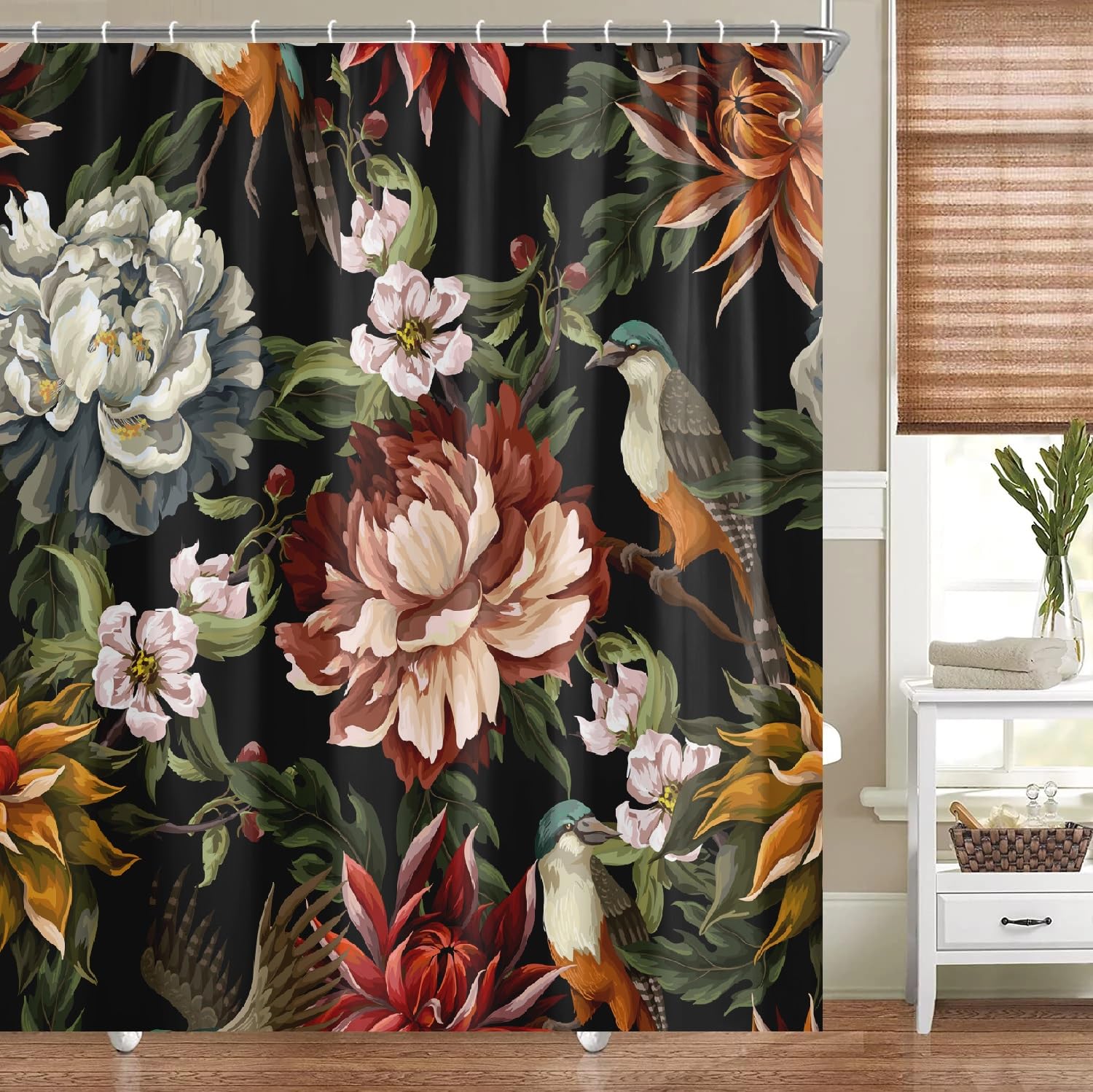 Bivinar Extra Long Vintage Peonies Roses And Birds Shower Curtain 72 X 84 Inch, Waterproof Fabric Floral Bathroom Shower Curtain