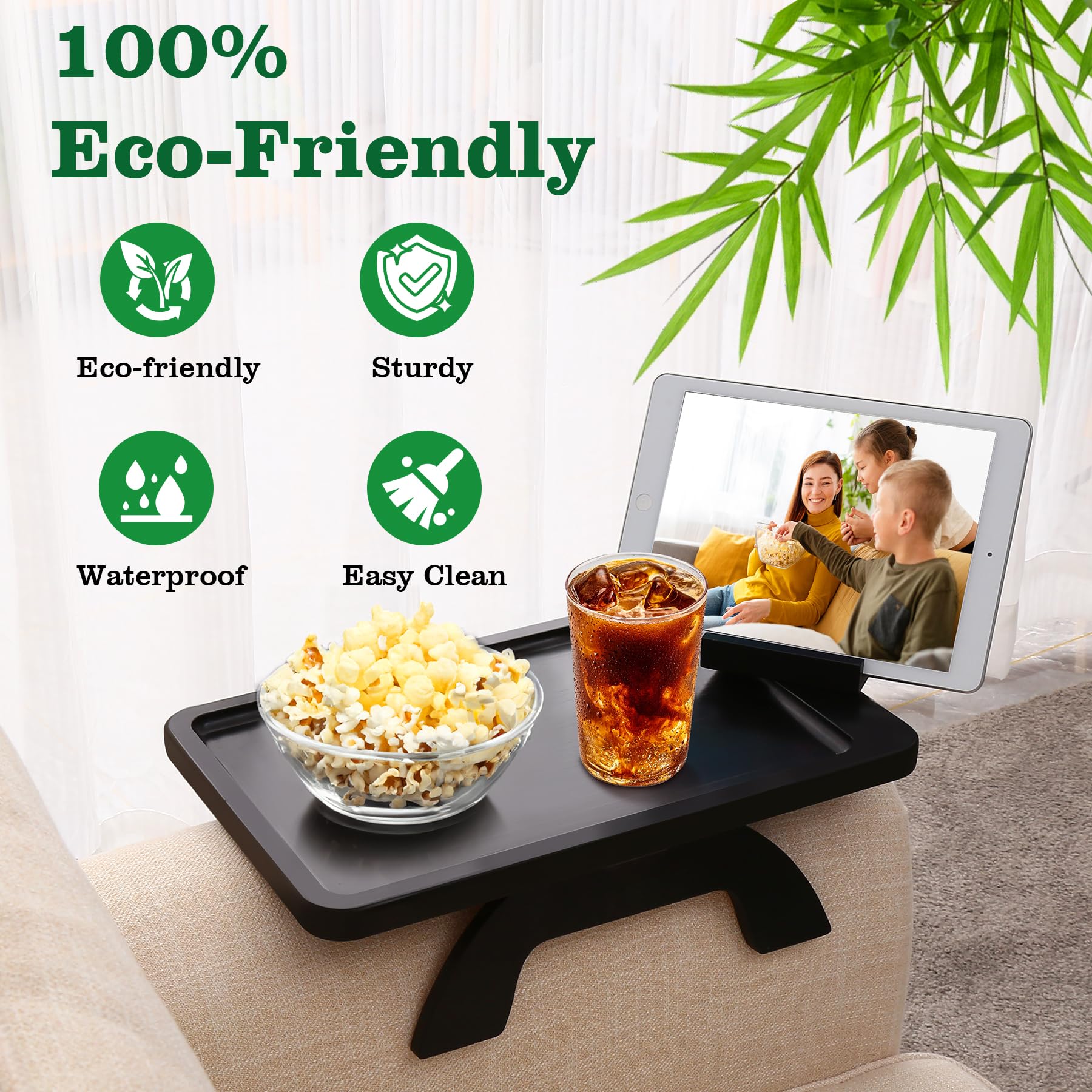 Bambootray Couch Arm Table,Sofa Clip On Tray For Armrest Tray With Phone Holder,Couch Table For Living Room Bedroom (Large Black
