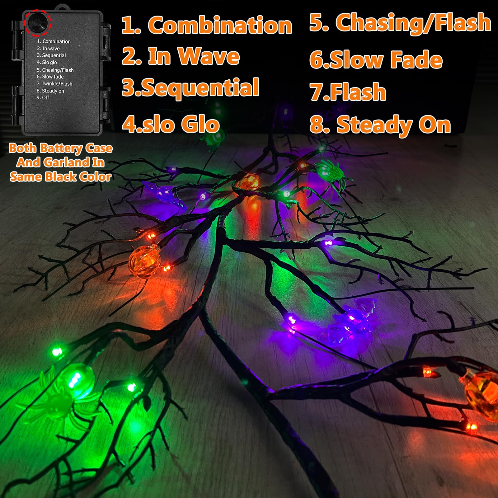 SURCVIO [ 8 Modes & Timer ] 6 Ft 54 LED Halloween Willow Vine Twig Decor Garland with 6 Bats & Pumpkins & Spiders Lights Waterpr