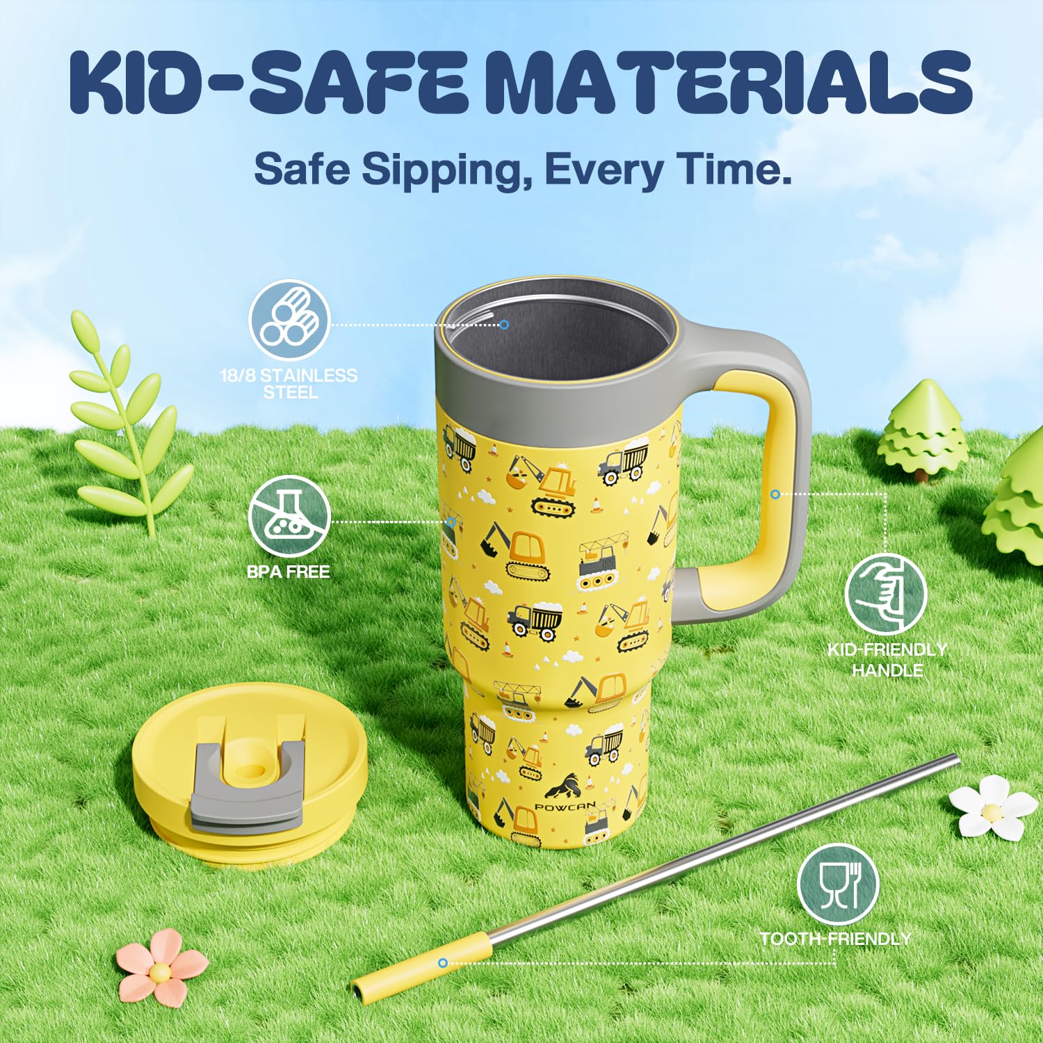 24 oz Stainless Steel Cup with Handle for Preschooler: BPA-Free, Lid with Straw, Easy to Clean, Car Cupholder Friendly, Insulate