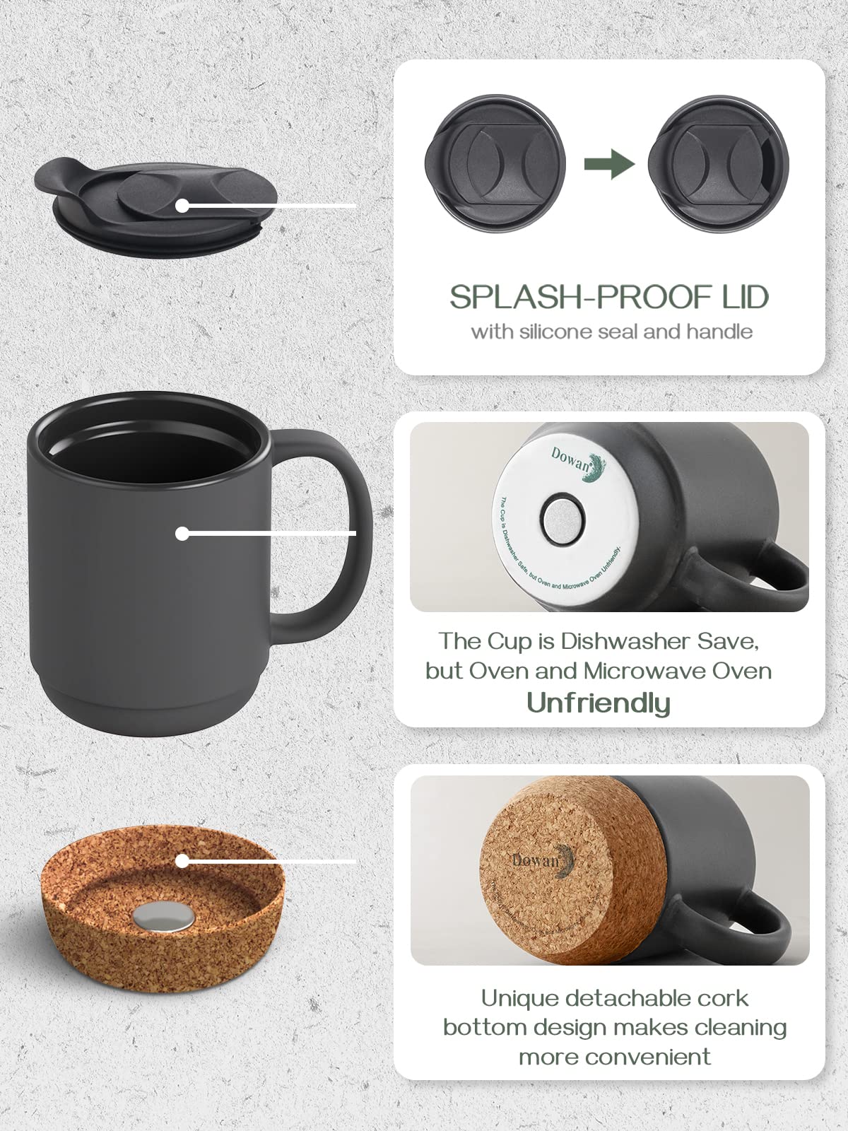 Dowan Coffee Mugs, 15 Oz Mug Set Of 2, Large Ceramic Coffee Mug With Cork Bottom And Spill Proof Lid For Mom Dad, Big Mug For Co