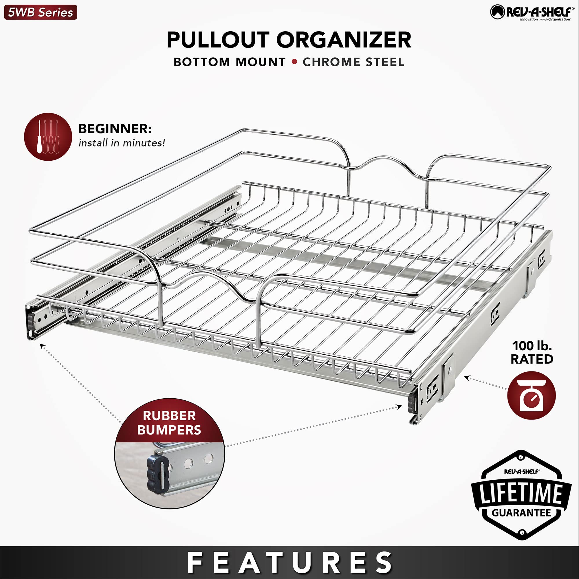 Rev-A-Shelf Kitchen Cabinet Pullout Shelf And Drawer Organizer Slide Out Pantry Storage Basket In Multiple Sizes, 21 X 22 In, 5W