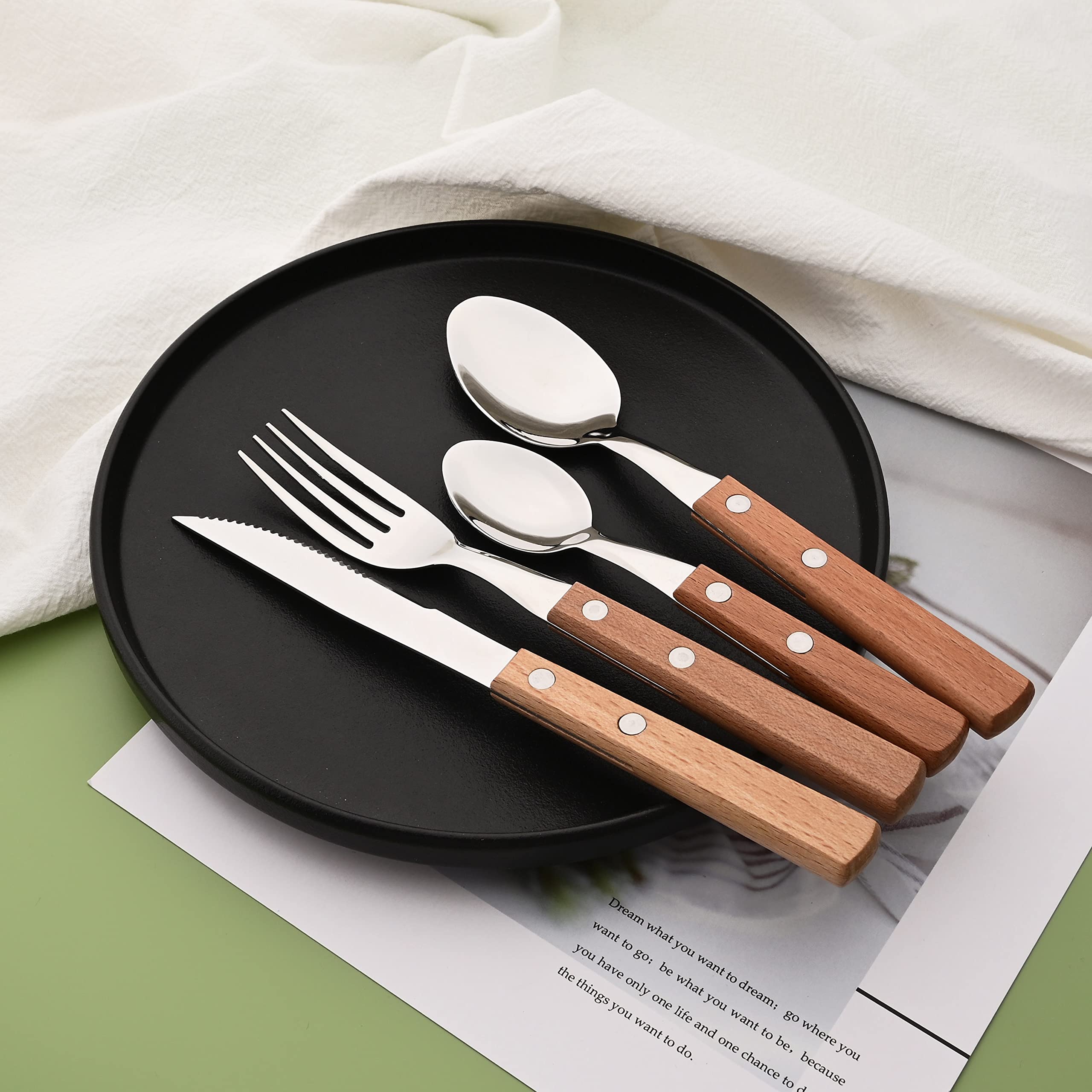Natural Wood Dinner Spoons Set, Uniturcky 7.9'' Spoons Silverware, 304 Stainless Steel Table Spoon With Wooden Handle, Rivet Han