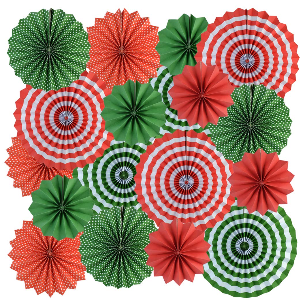 Mifengda 18Pc Party Red And Green Paper Fans Merry Christmas Hanging Paper Fans Decorations, Round Folding Party Paper Fans Bulk