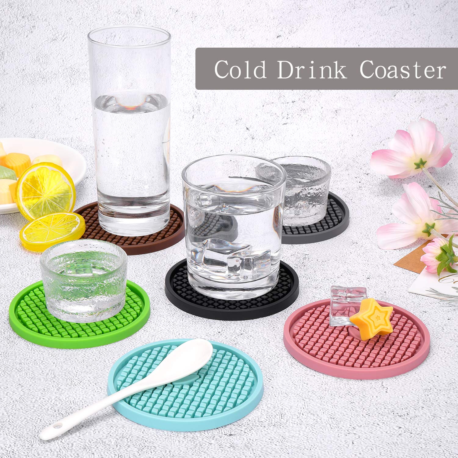 ME.FAN Silicone Coasters [6 Pack] Thickened Drink Coasters with Holder - Cup Mat - Non-Slip  Non-stick  Stay Put  Deep Tray - Prevents Furniture and Tabletop Damages(Black)