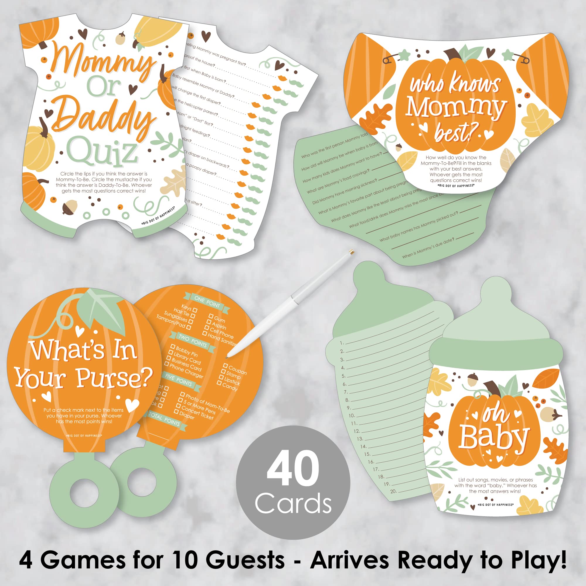 Big Dot Of Happiness Little Pumpkin Decorations, 4 Fall Baby Shower Games, 10 Cards Each - Who Knows Mommy Best, Mommy Or Daddy